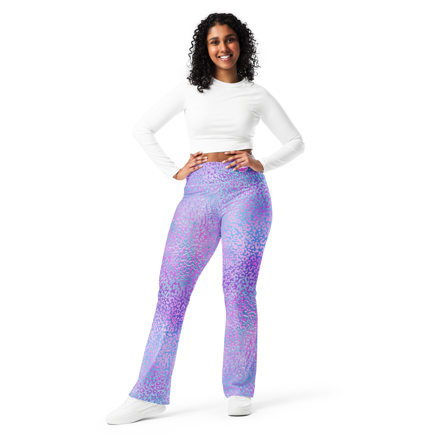 Model wearing Leopardy Purple flared leggings with bold leopard print and high waistband – TAO Infinity