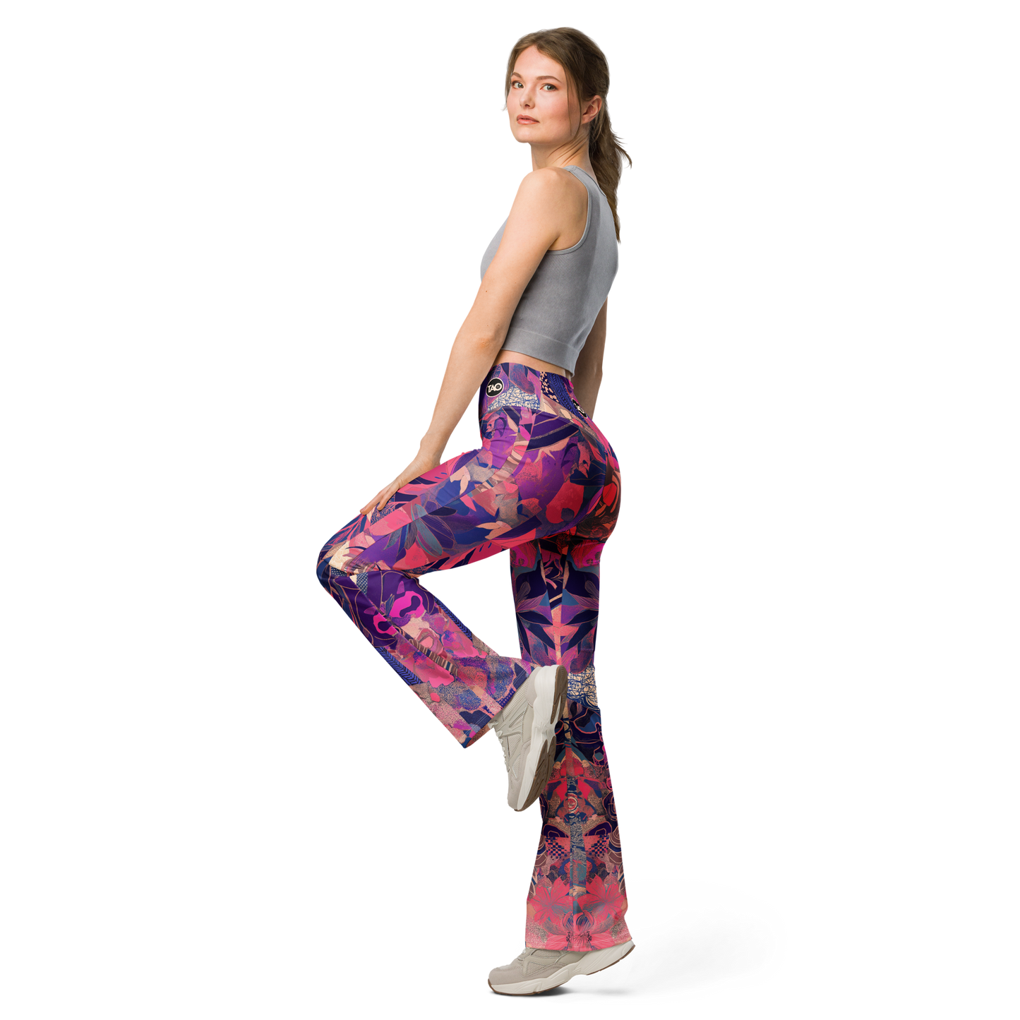Model wearing Mosaic Fairy high-waisted flared leggings with fantasy mosaic print and butt-lifting fit – TAO Infinity