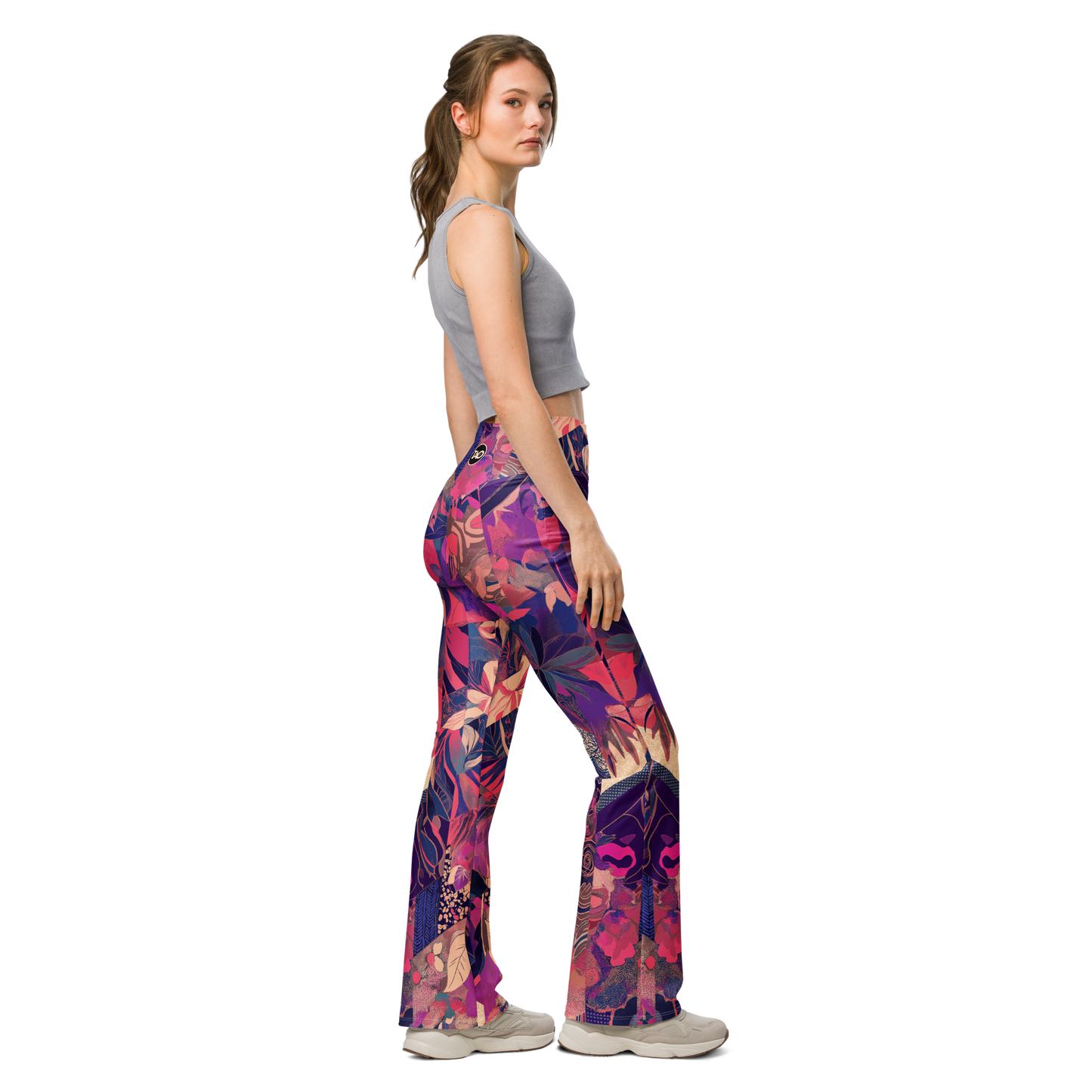 Model wearing Mosaic Fairy high-waisted flared leggings with fantasy mosaic print and butt-lifting fit – TAO Infinity