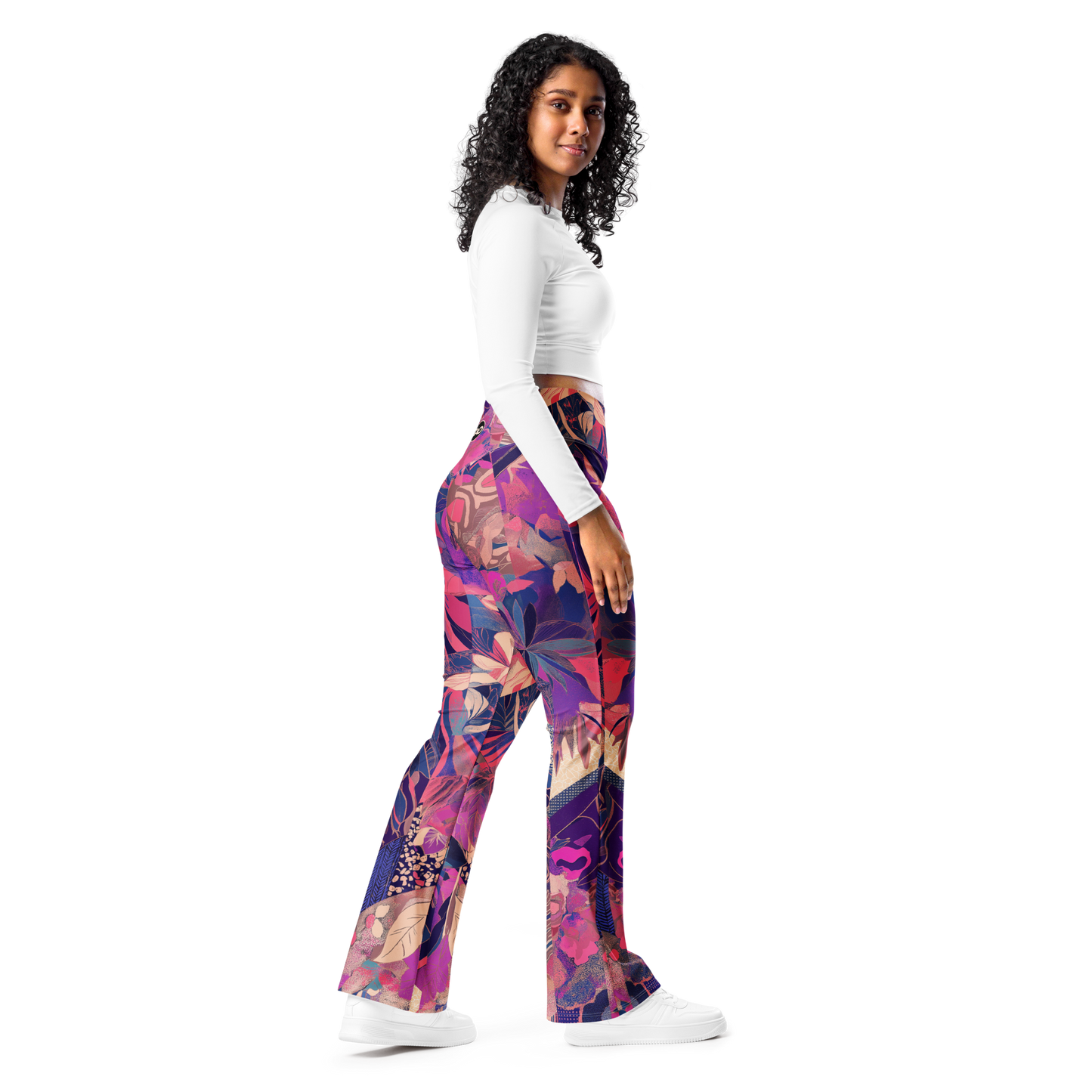 Model wearing Mosaic Fairy high-waisted flared leggings with fantasy mosaic print and butt-lifting fit – TAO Infinity