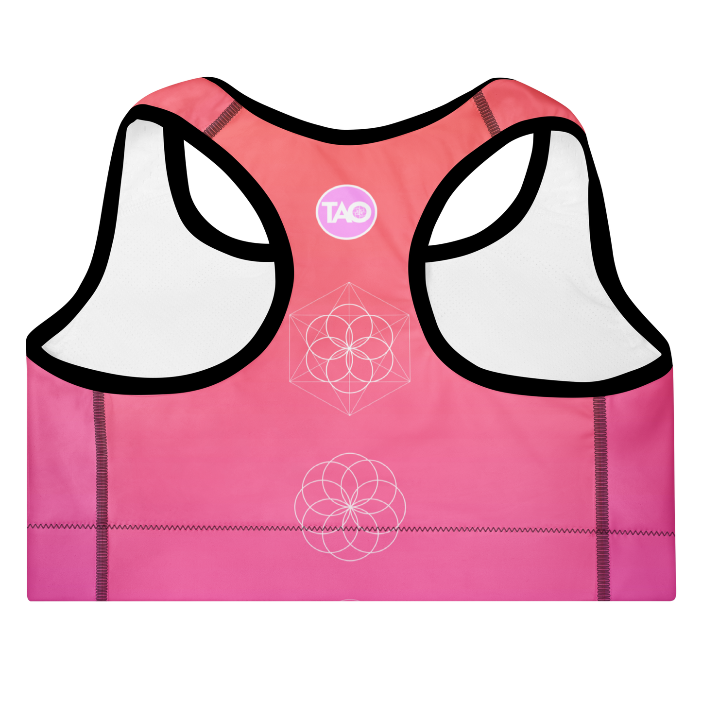 Woman wearing a blush-toned floral sports bra with scoop neckline, racerback, removable padding, and wide elastic underband — designed for medium support, comfort, and movement with a feminine flair.