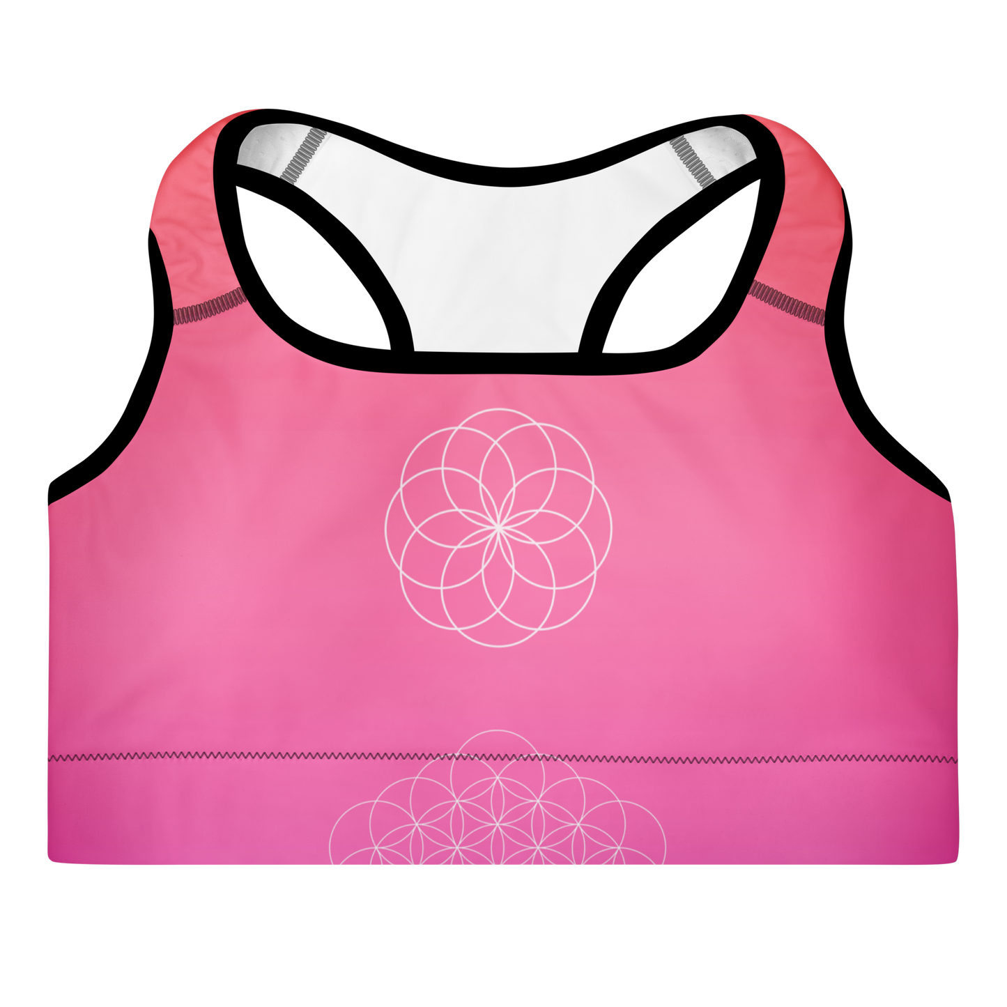 blush-toned floral sports bra with scoop neckline, racerback, removable padding, and wide elastic underband — designed for medium support, comfort, and movement with a feminine flair.