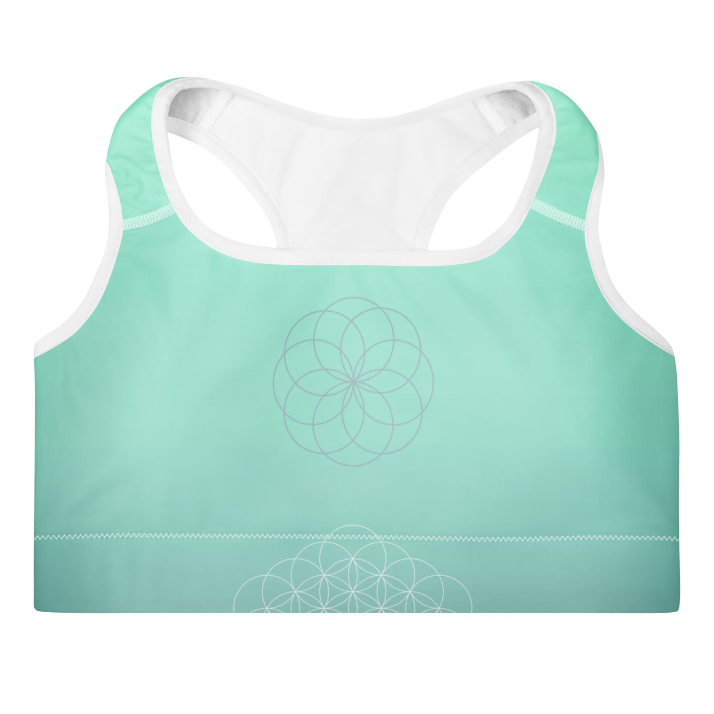 mint green sports bra with sacred mandala print, scoop neckline, racerback design, and wide underband — made for flexible movement and calm, conscious strength.
