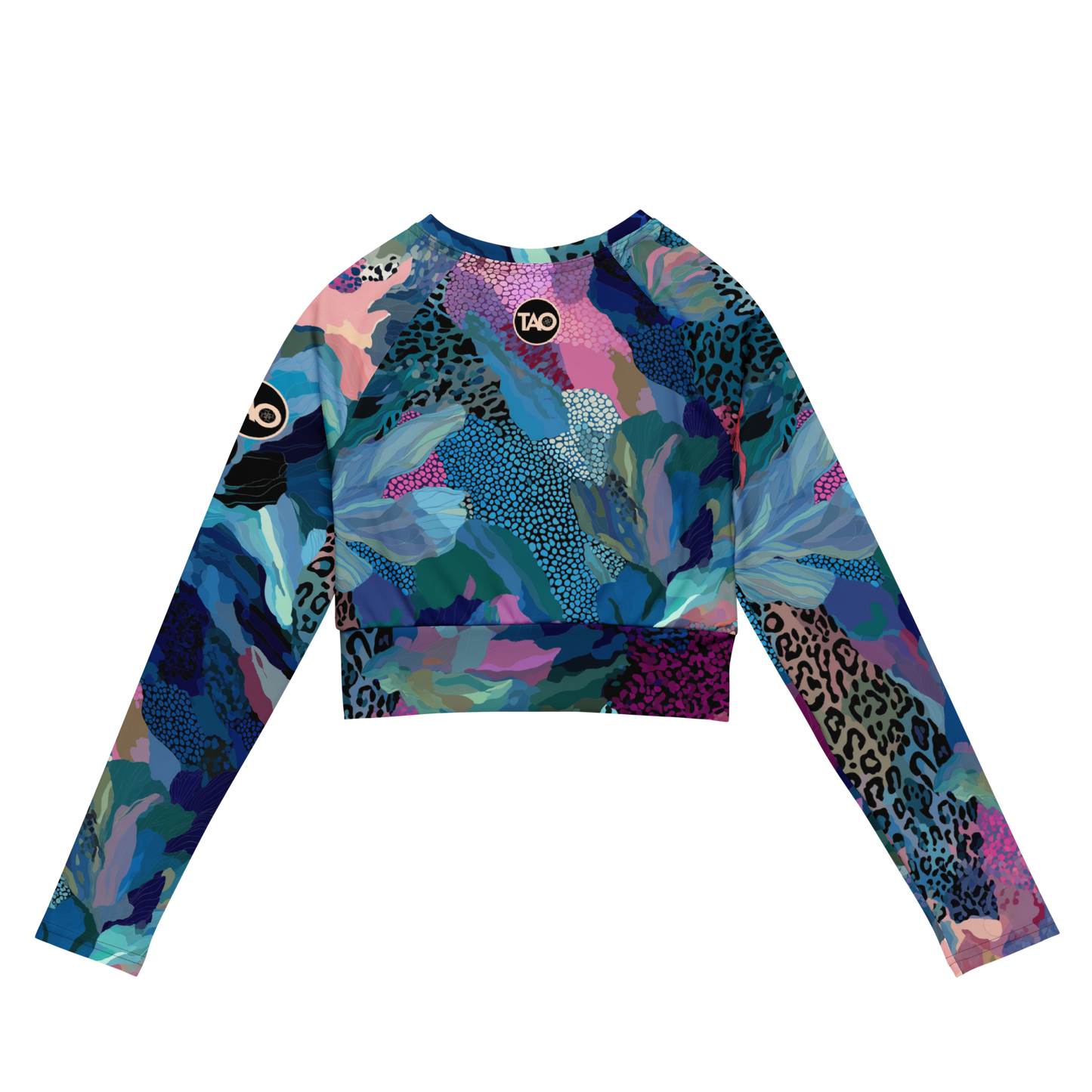 a blue camo-print long sleeve crop top with raglan sleeves, double-layered waistband, and UPF 50+ protection — made from recycled fabric for stylish, eco-conscious performance.