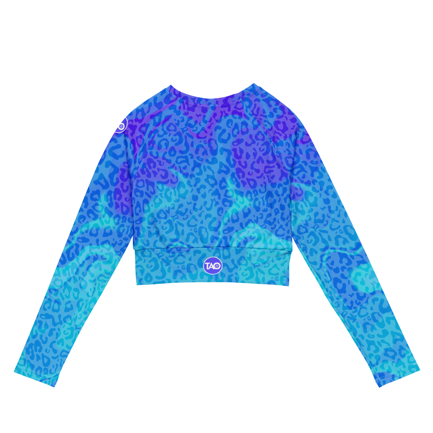 Model wearing Blue Aurora Leopardy long-sleeve crop top with vibrant gradient leopard print and raglan sleeves – TAO Infinity