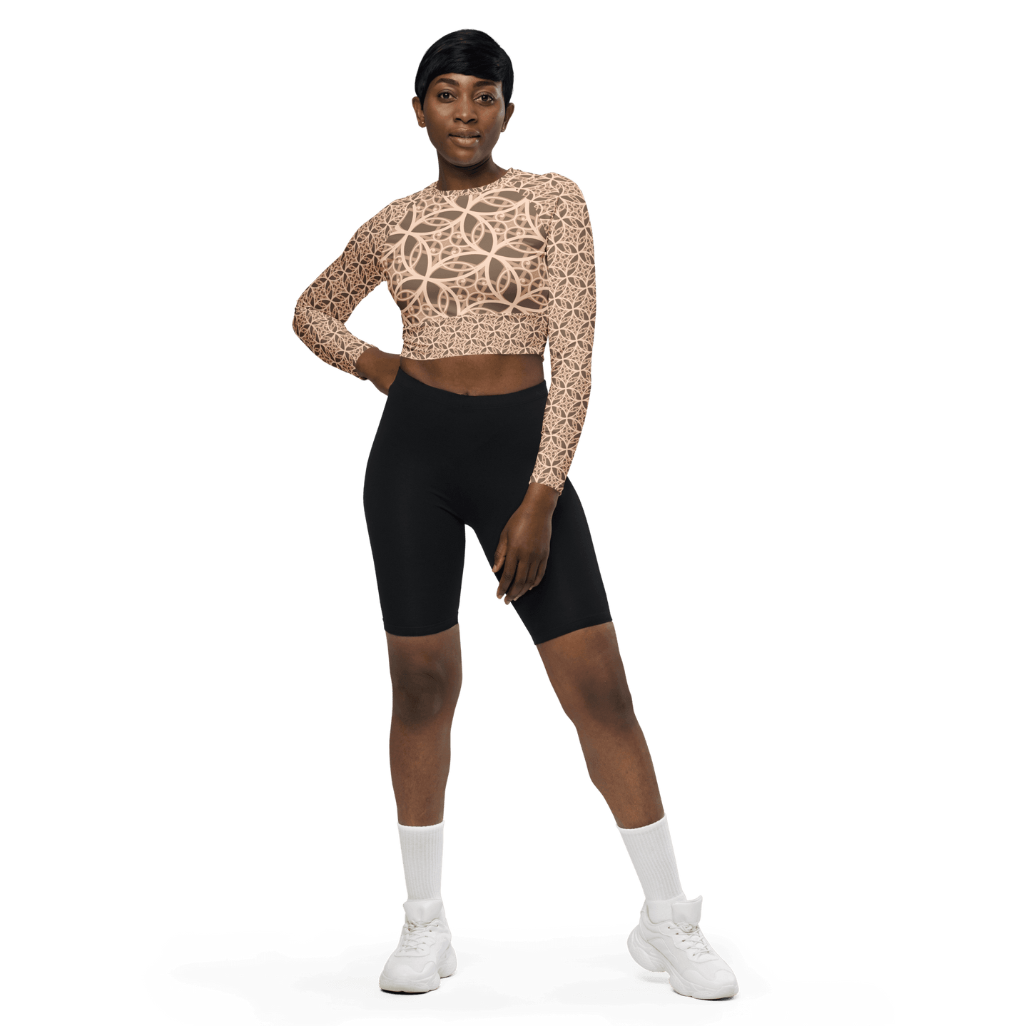 Fibbo Beige Long Sleeve Crop Top with wide waistline band and raglan sleeves