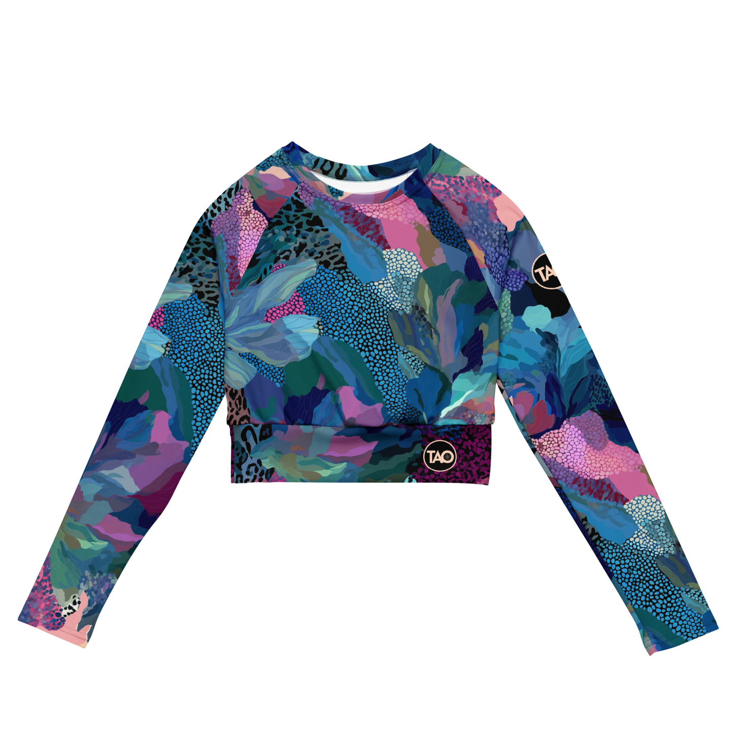 a blue camo-print long sleeve crop top with raglan sleeves, double-layered waistband, and UPF 50+ protection — made from recycled fabric for stylish, eco-conscious performance.