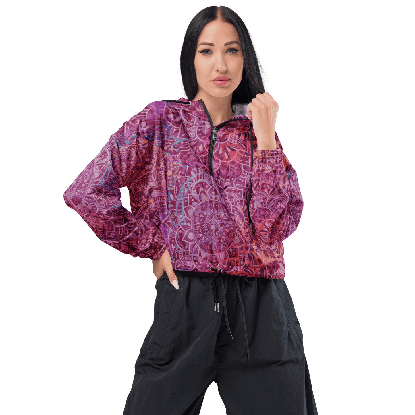 Mandala Glow Windbreaker with adjustable hood and waist drawcords