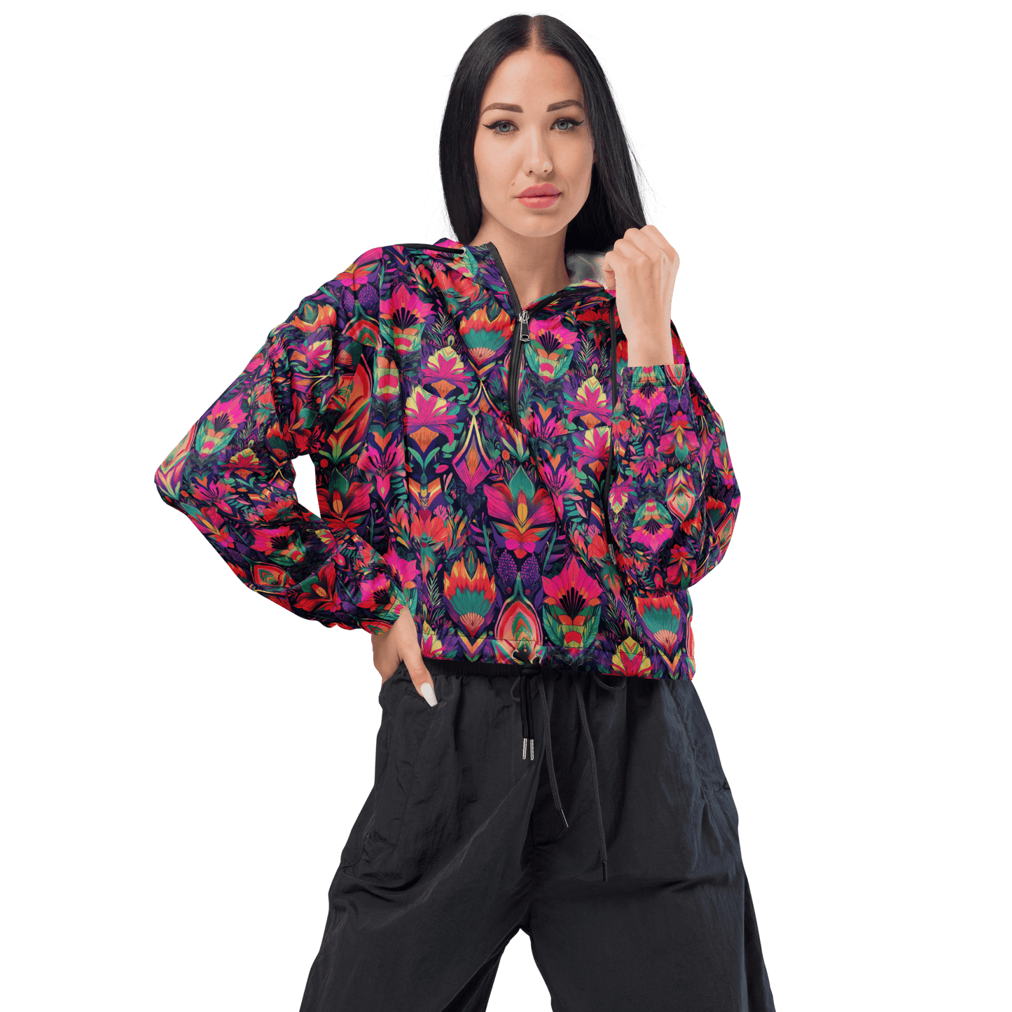 Indian Flower Windbreaker with magenta floral design and adjustable hood.