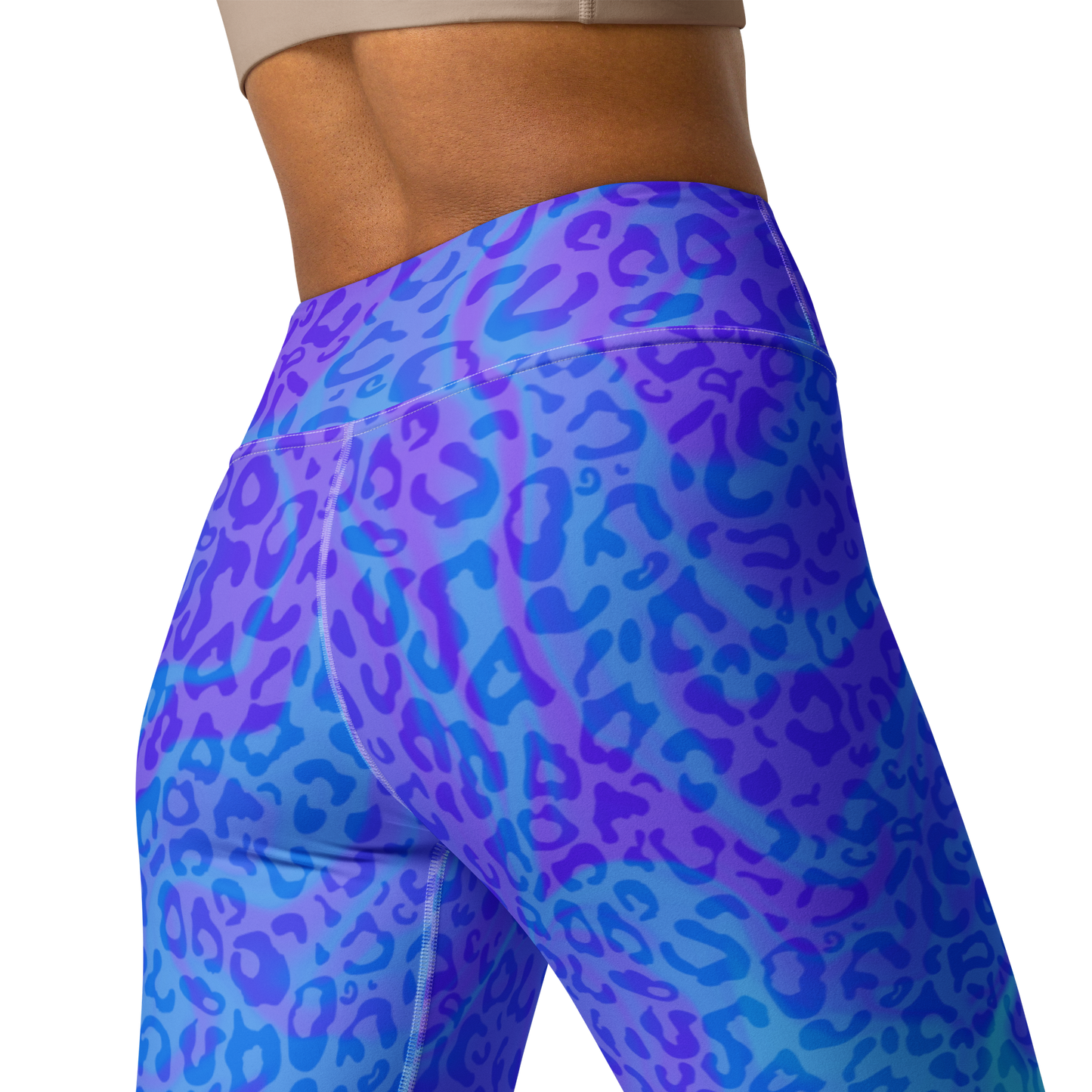 Model wearing Blue Aurora Leopardy yoga leggings with raised waistband and gradient leopard print – TAO Infinity