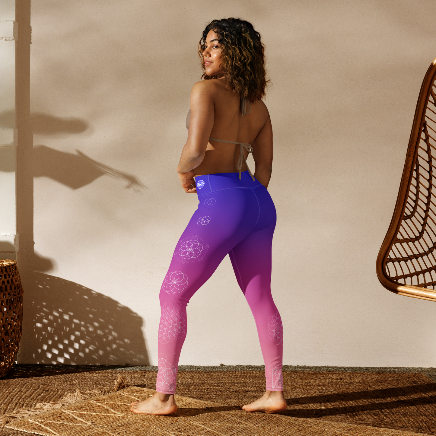 Model wearing Violet Flower yoga leggings with sacred Flower of Life design and high waist – TAO Infinity