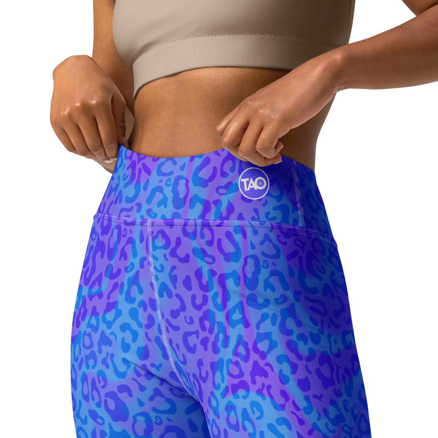 Model wearing Blue Aurora Leopardy yoga leggings with raised waistband and gradient leopard print – TAO Infinity