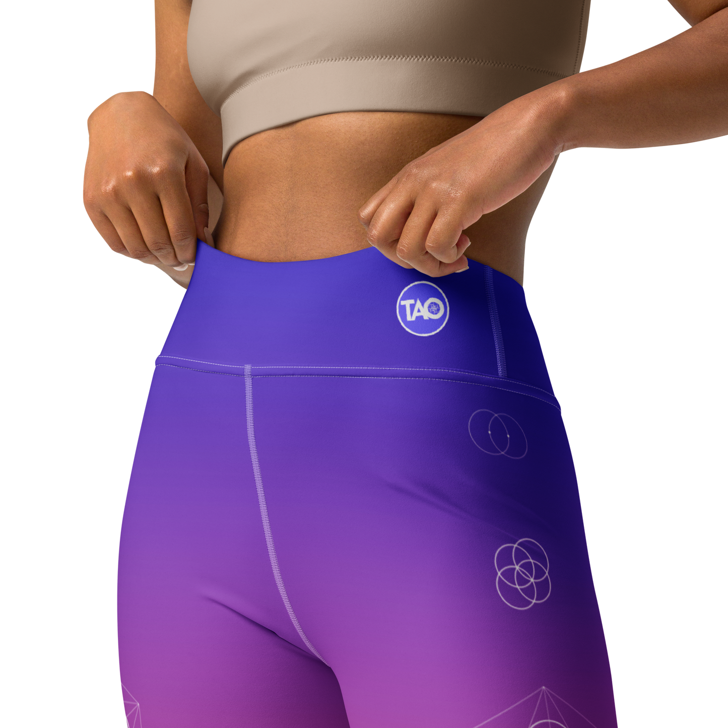 Model wearing Violet Flower yoga leggings with sacred Flower of Life design and high waist – TAO Infinity
