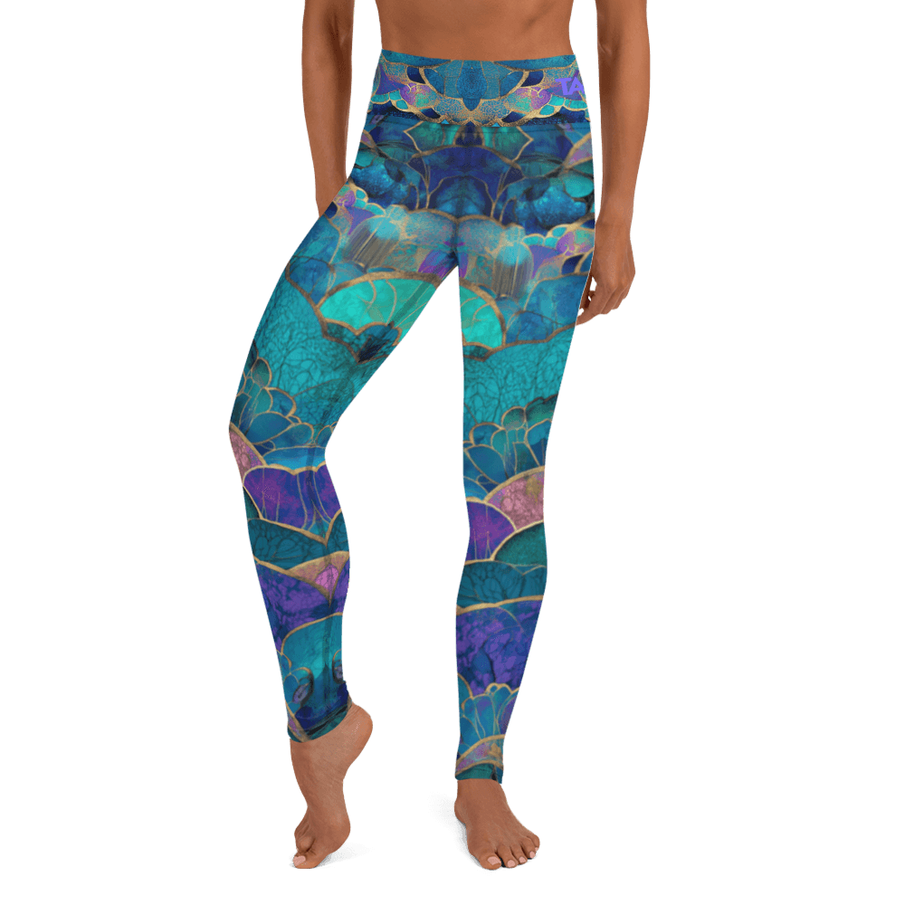 yoga leggings Miracle Oracle, blues and green abstract pattern