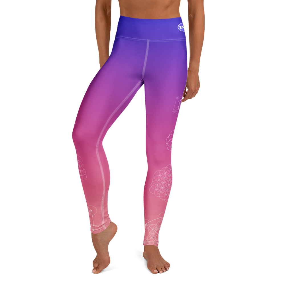 Model wearing Violet Flower yoga leggings with sacred Flower of Life design and high waist – TAO Infinity