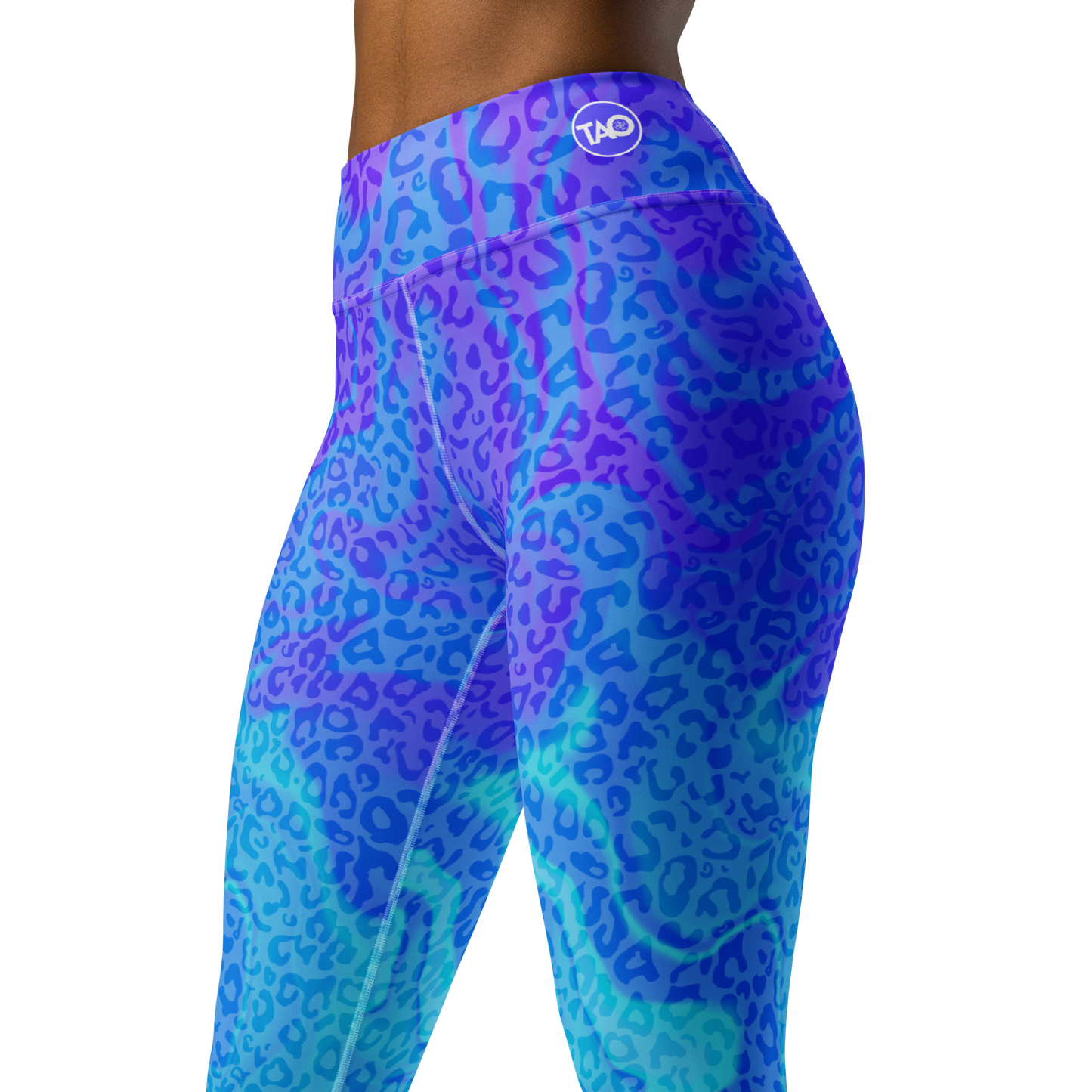 Model wearing Blue Aurora Leopardy yoga leggings with raised waistband and gradient leopard print – TAO Infinity