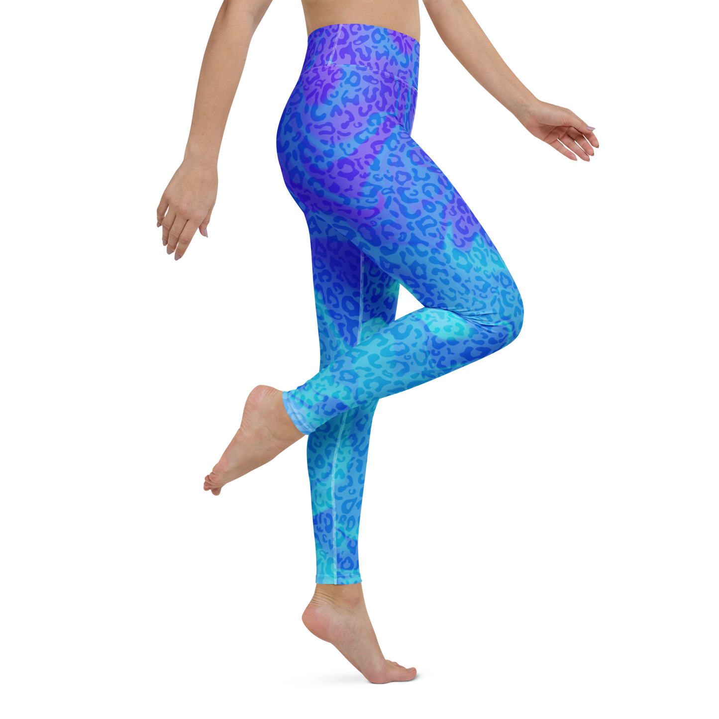 Model wearing Blue Aurora Leopardy yoga leggings with raised waistband and gradient leopard print – TAO Infinity