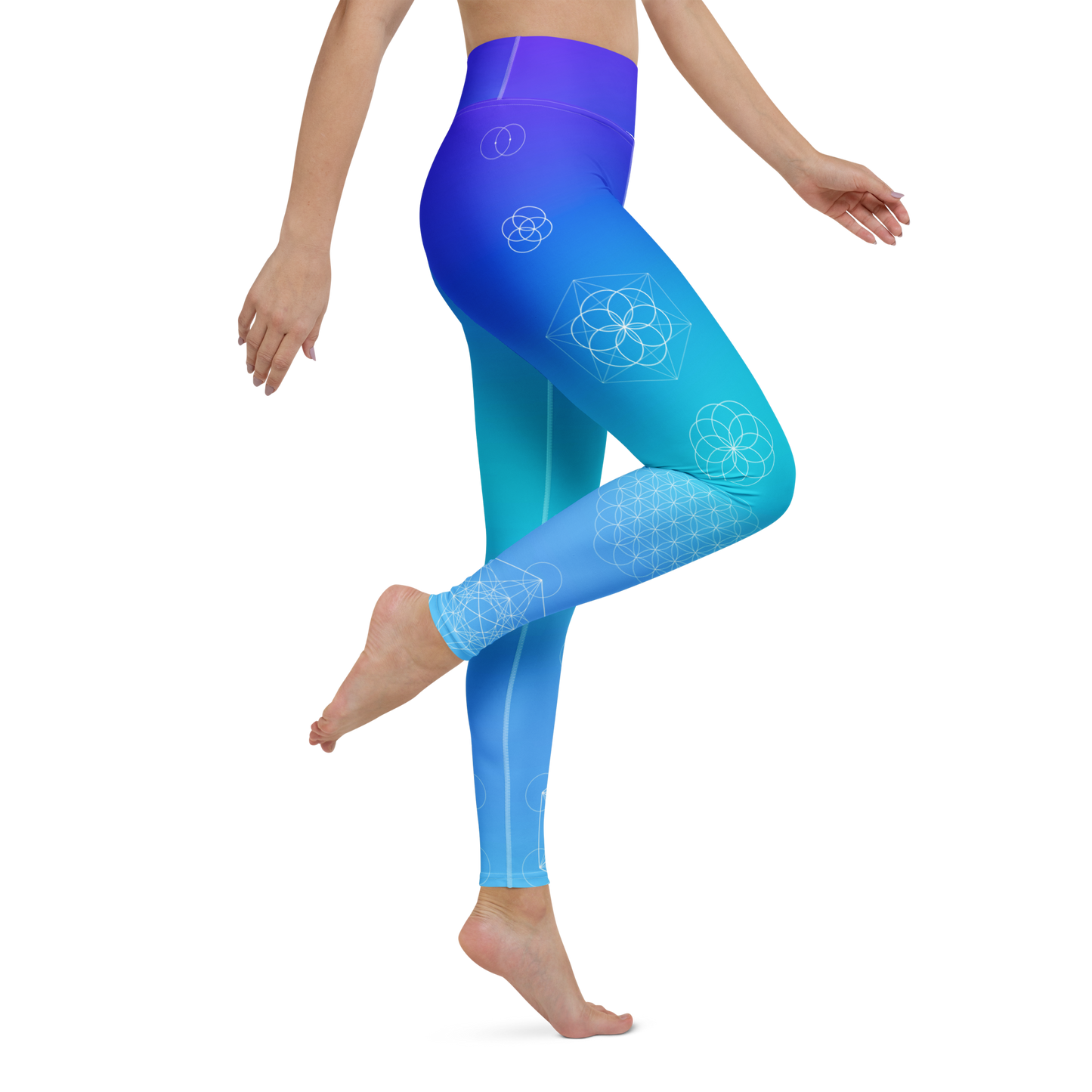 Model wearing Aqua Flower full-length yoga leggings with ocean gradient and sacred Flower of Life print – TAO Infinity