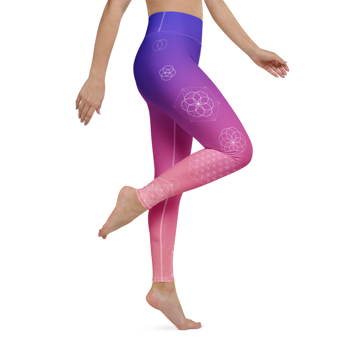 Model wearing Violet Flower yoga leggings with sacred Flower of Life design and high waist – TAO Infinity