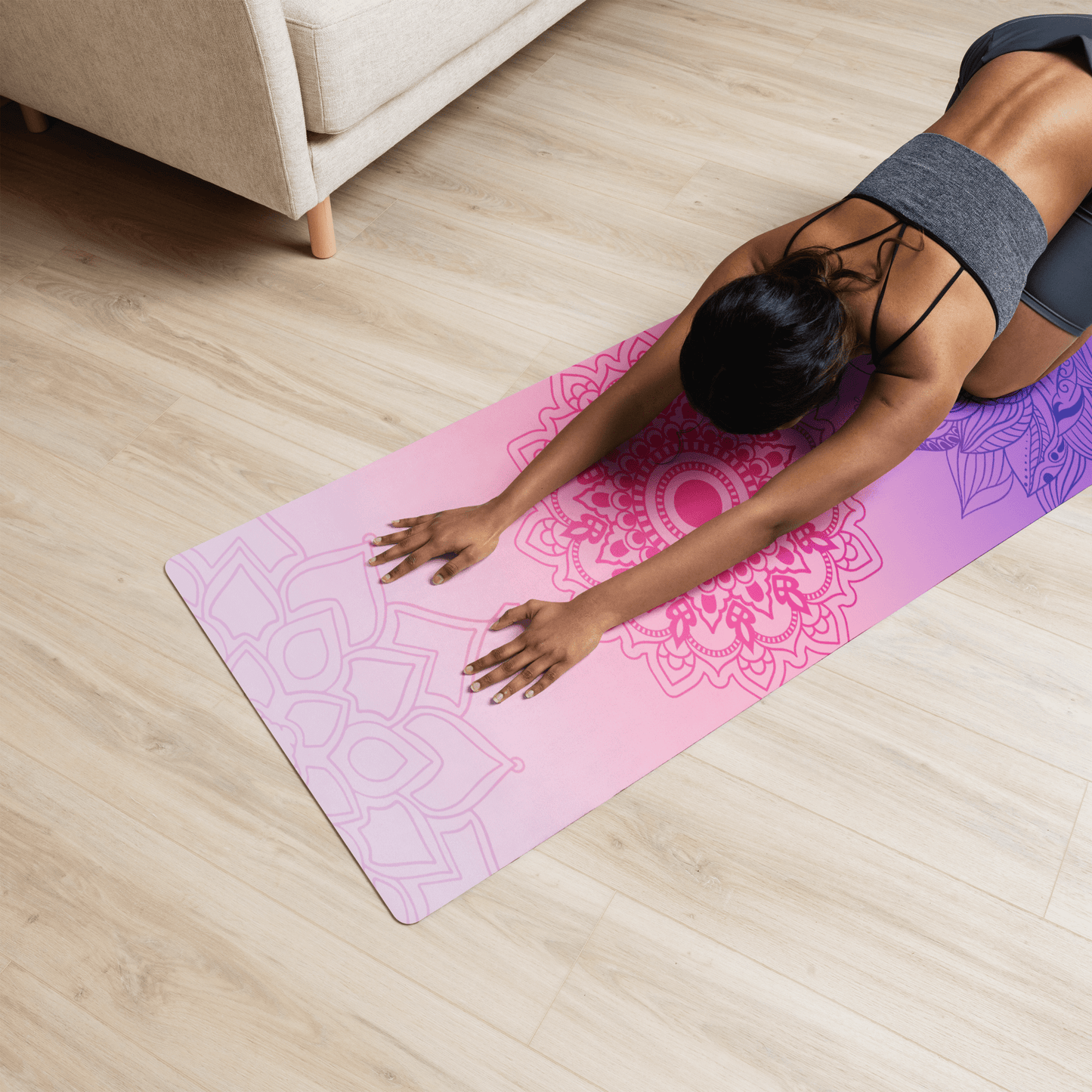 Pink yoga mat with sacred mandala print, designed for comfort, grip, and mindful movement — a grounding and spiritual accessory for yoga, meditation, and wellness rituals.