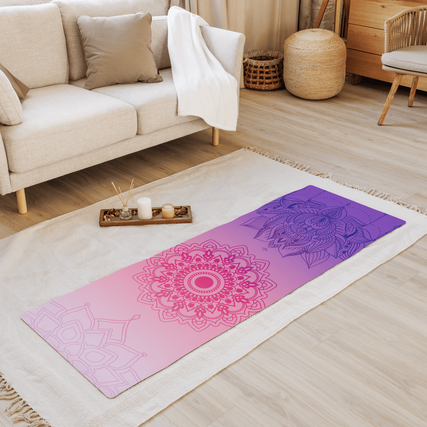 Pink yoga mat with sacred mandala print, designed for comfort, grip, and mindful movement — a grounding and spiritual accessory for yoga, meditation, and wellness rituals.