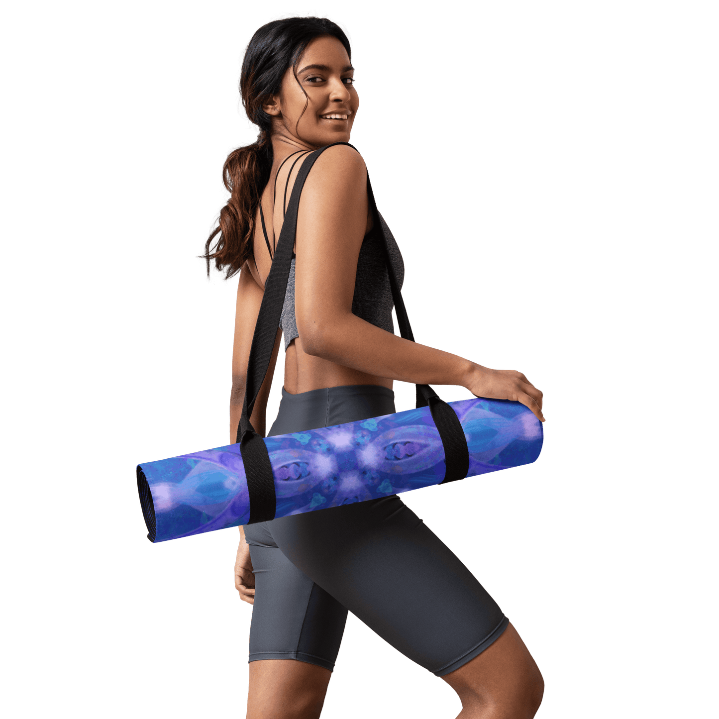 Colorful yoga mat featuring a kaleidoscopic mandala and sacred geometric design, perfect for yoga, meditation, or stretching — a vibrant and spiritual tool for mindful movement.
