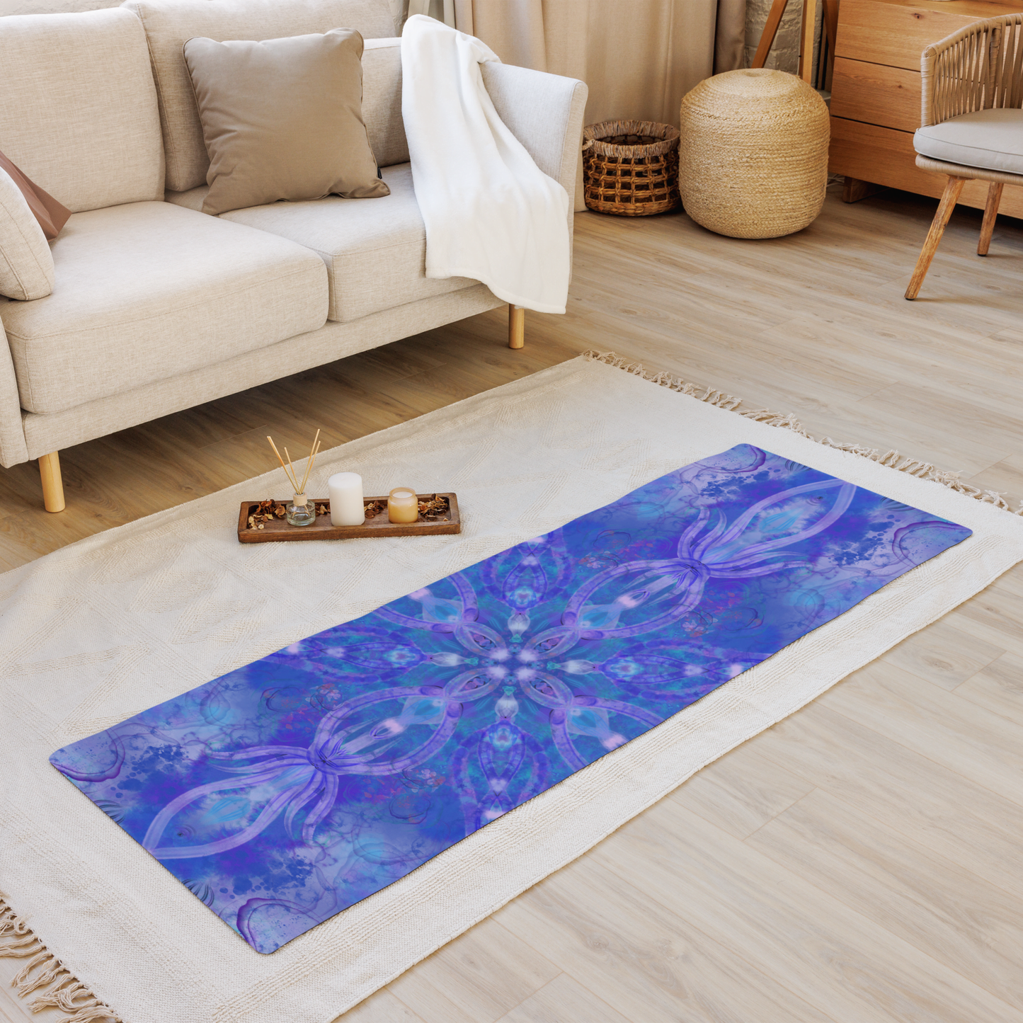 Colorful yoga mat featuring a kaleidoscopic mandala and sacred geometric design, perfect for yoga, meditation, or stretching — a vibrant and spiritual tool for mindful movement.