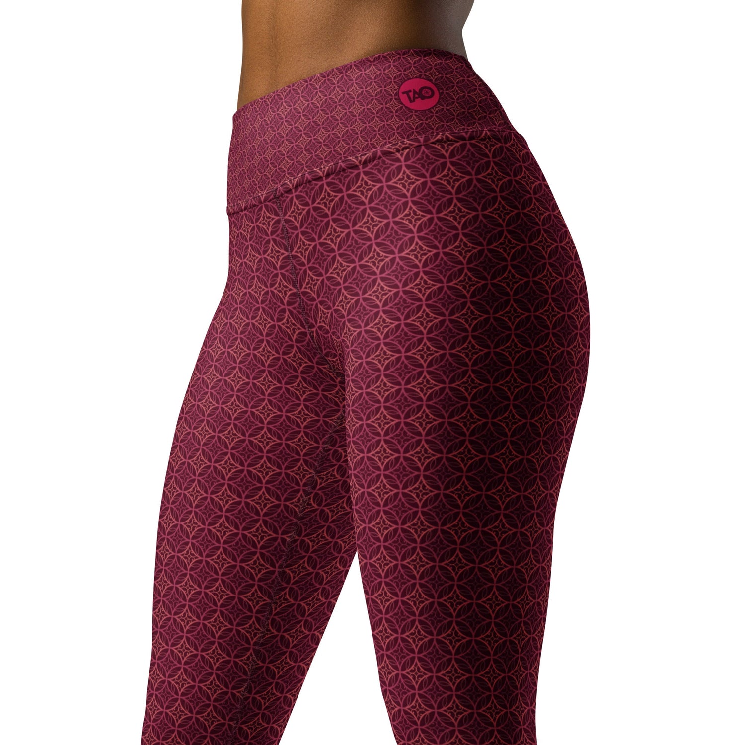 Close-up of Fibbo Pink Yoga Leggings featuring abstract geometric pattern in soft pink, white, and mauve tones with smooth microfiber fabric texture