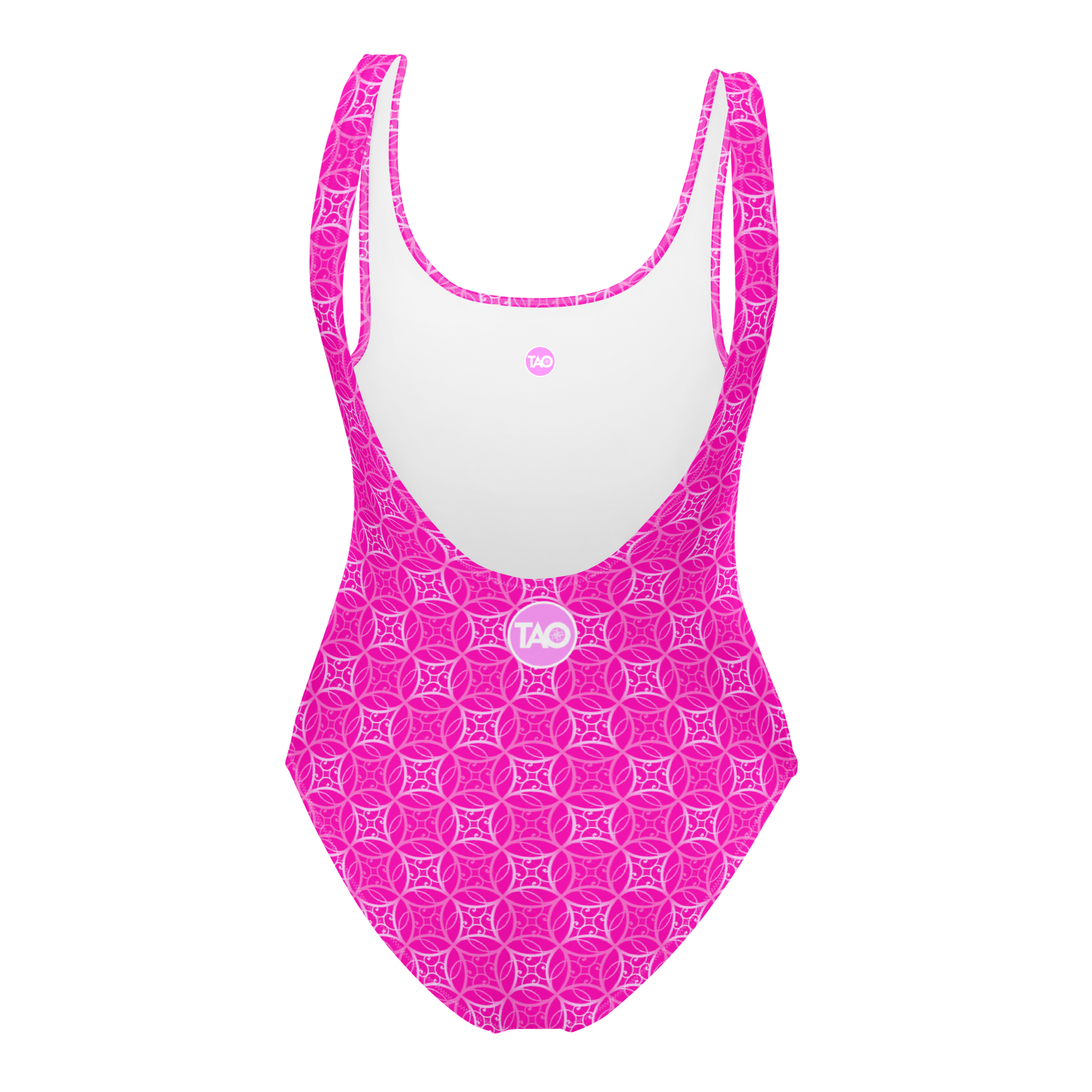 Woman wearing a pink one-piece swimsuit with scoop neckline, low scoop back, and cheeky fit — made from chlorine-resistant, four-way stretch fabric with sacred geometry-inspired design.