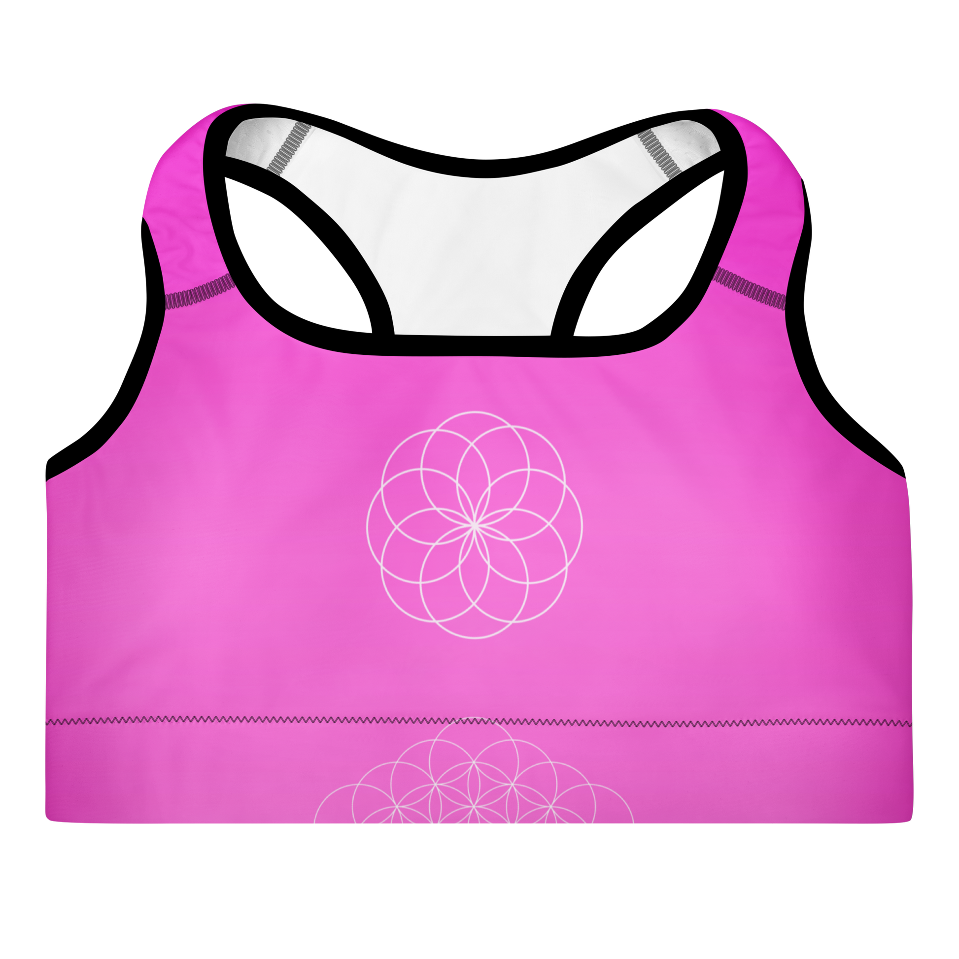 Soft pink sports bra with scoop neckline, racerback, wide elastic band, and removable padding — designed for flexibility, comfort, and feminine performance.
