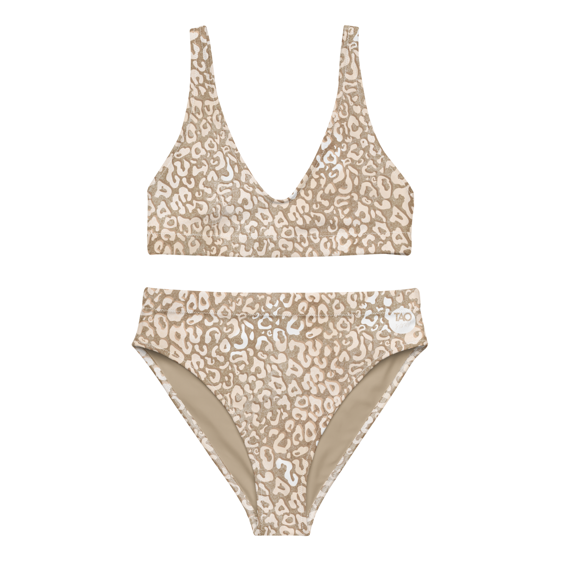 a leopard-print sports bikini with a supportive sporty cut, removable padding, and double-layered fabric made from recycled material — perfect for active swimwear with fierce, conscious style.