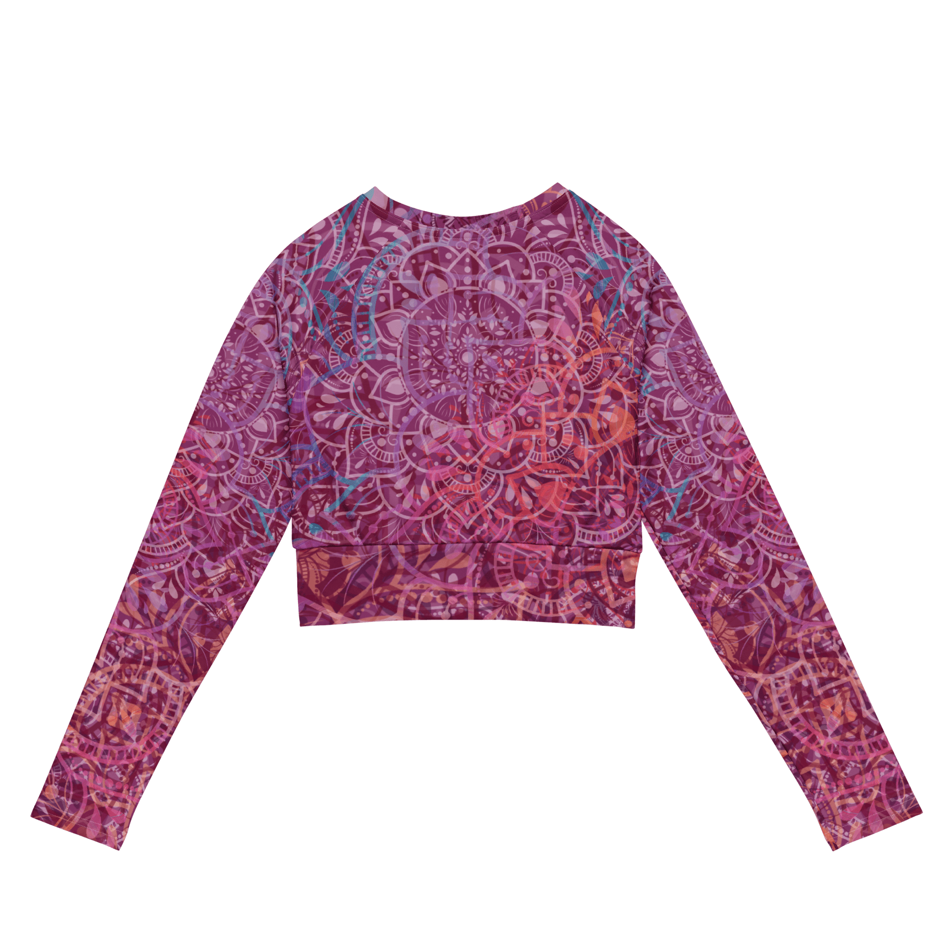 a vibrant mandala-patterned long-sleeve crop top