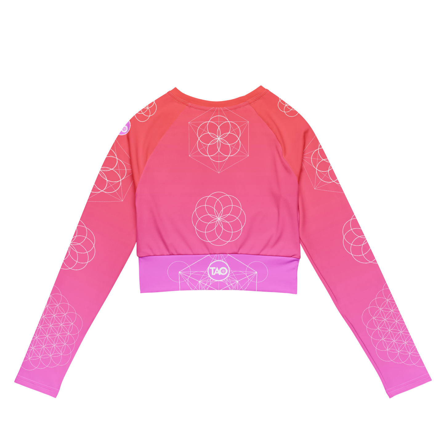 Blush Flower of Life long-sleeve crop top with sacred geometry design and pink gradient – TAO Infinity