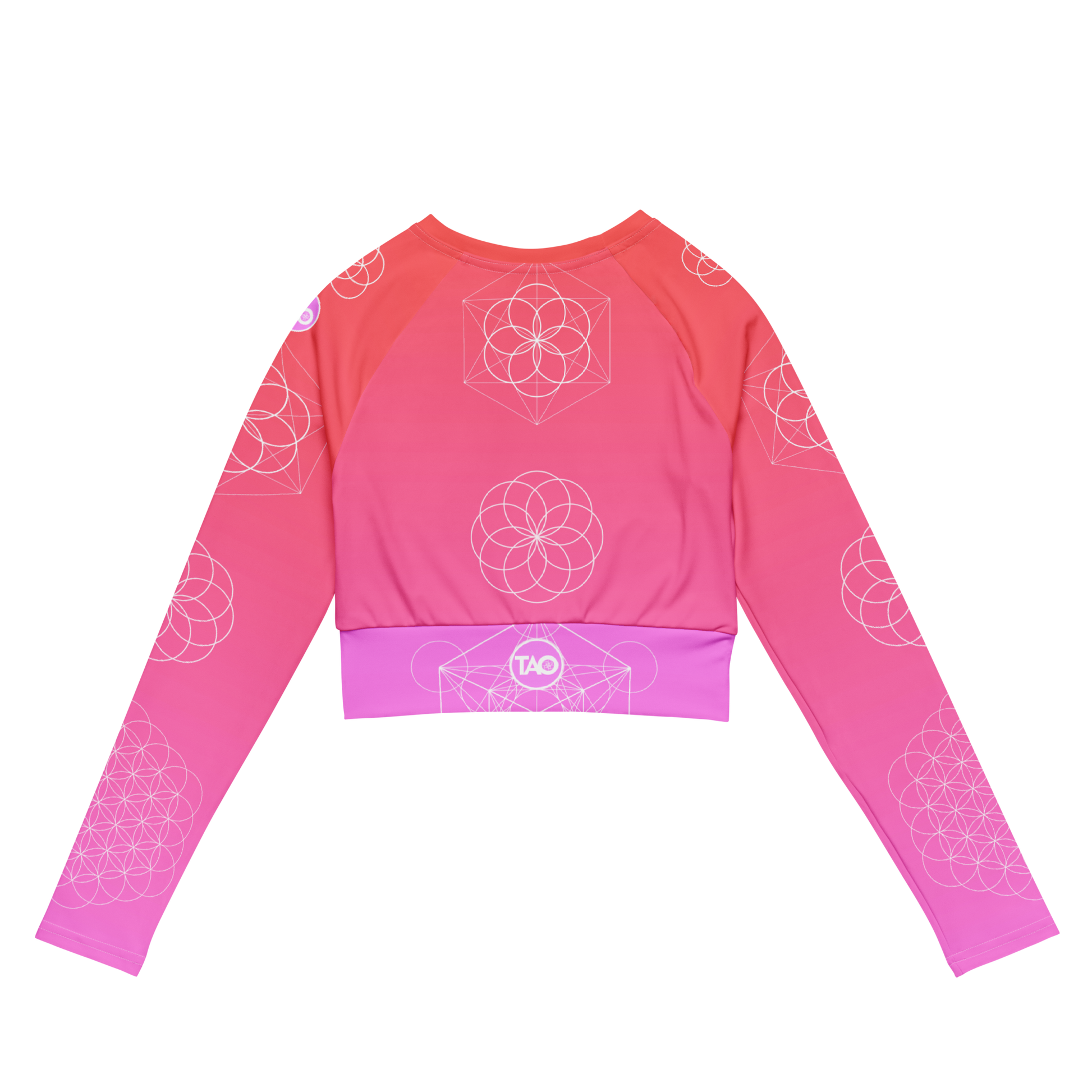 Blush Flower of Life long-sleeve crop top with sacred geometry design and pink gradient – TAO Infinity