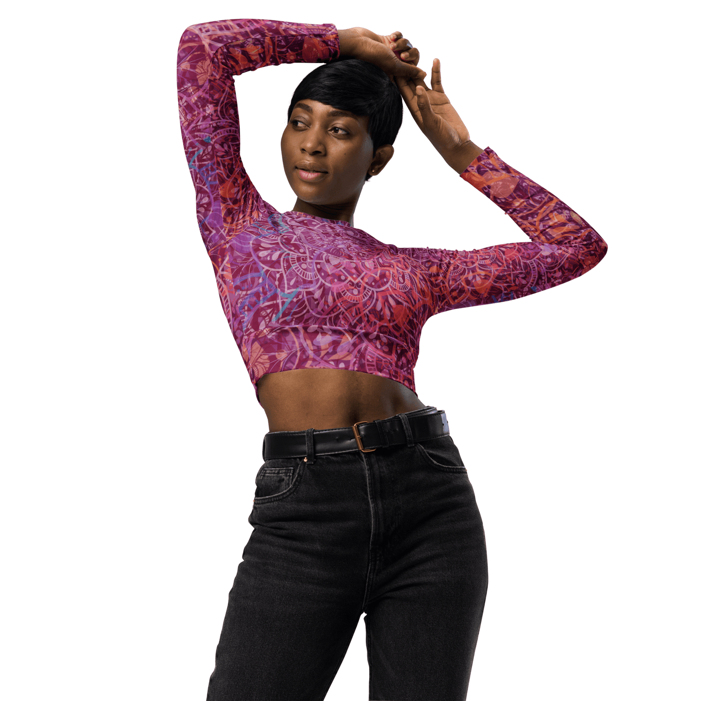 Mandala Glow Sleeve Crop Top (Schwarze Details)