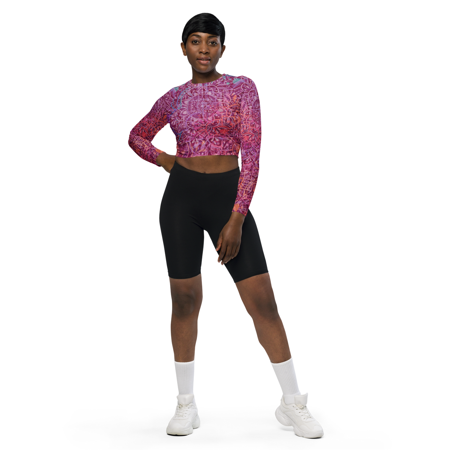 Mandala Glow Sleeve Crop Top (Schwarze Details)