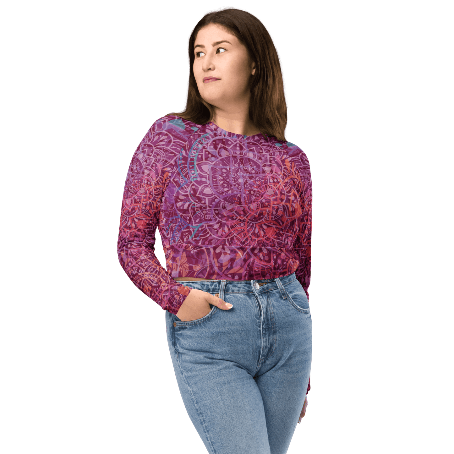 Mandala Glow Sleeve Crop Top (Schwarze Details)
