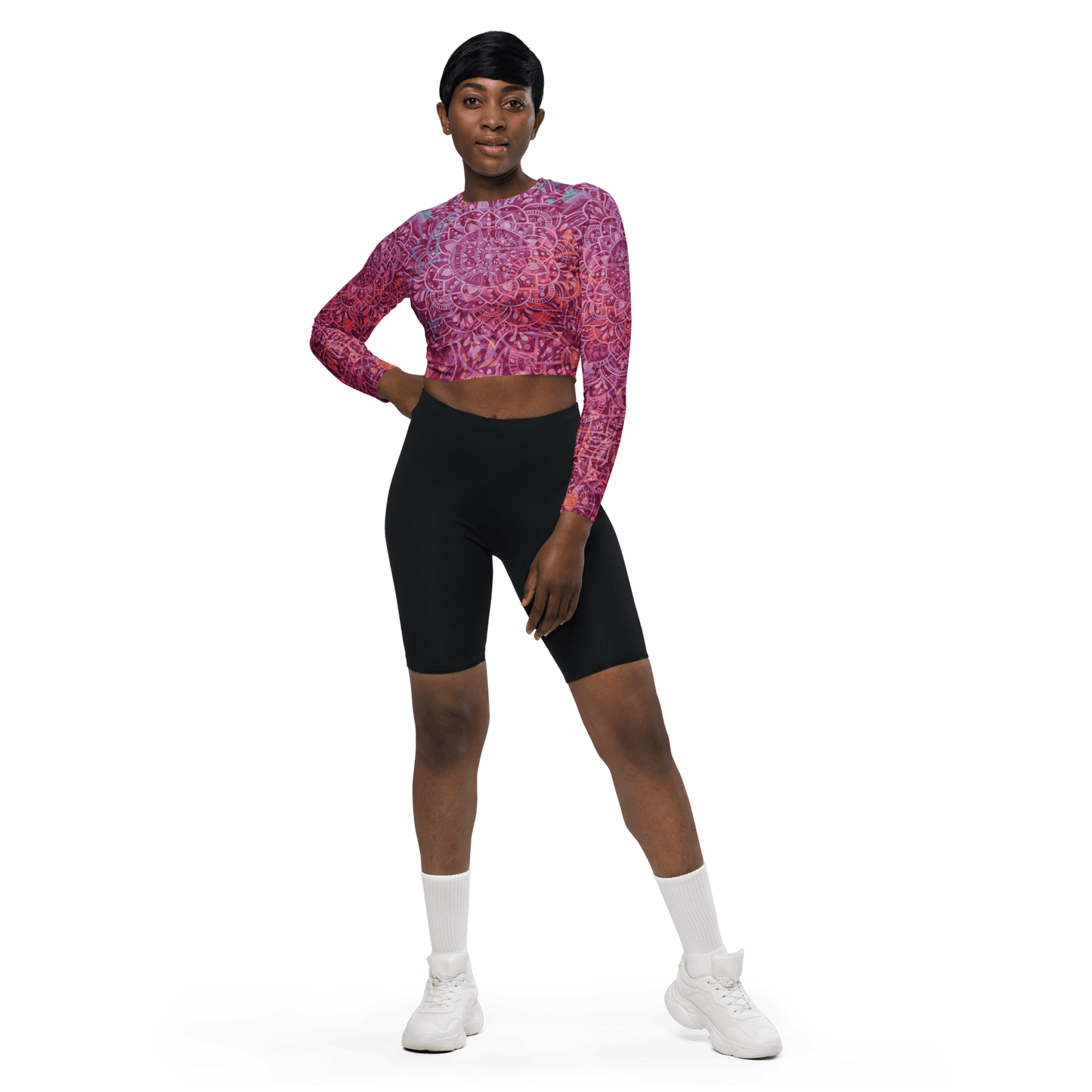 Mandala Glow Long-Sleeve Crop Top with wide waistline band and raglan sleeves.