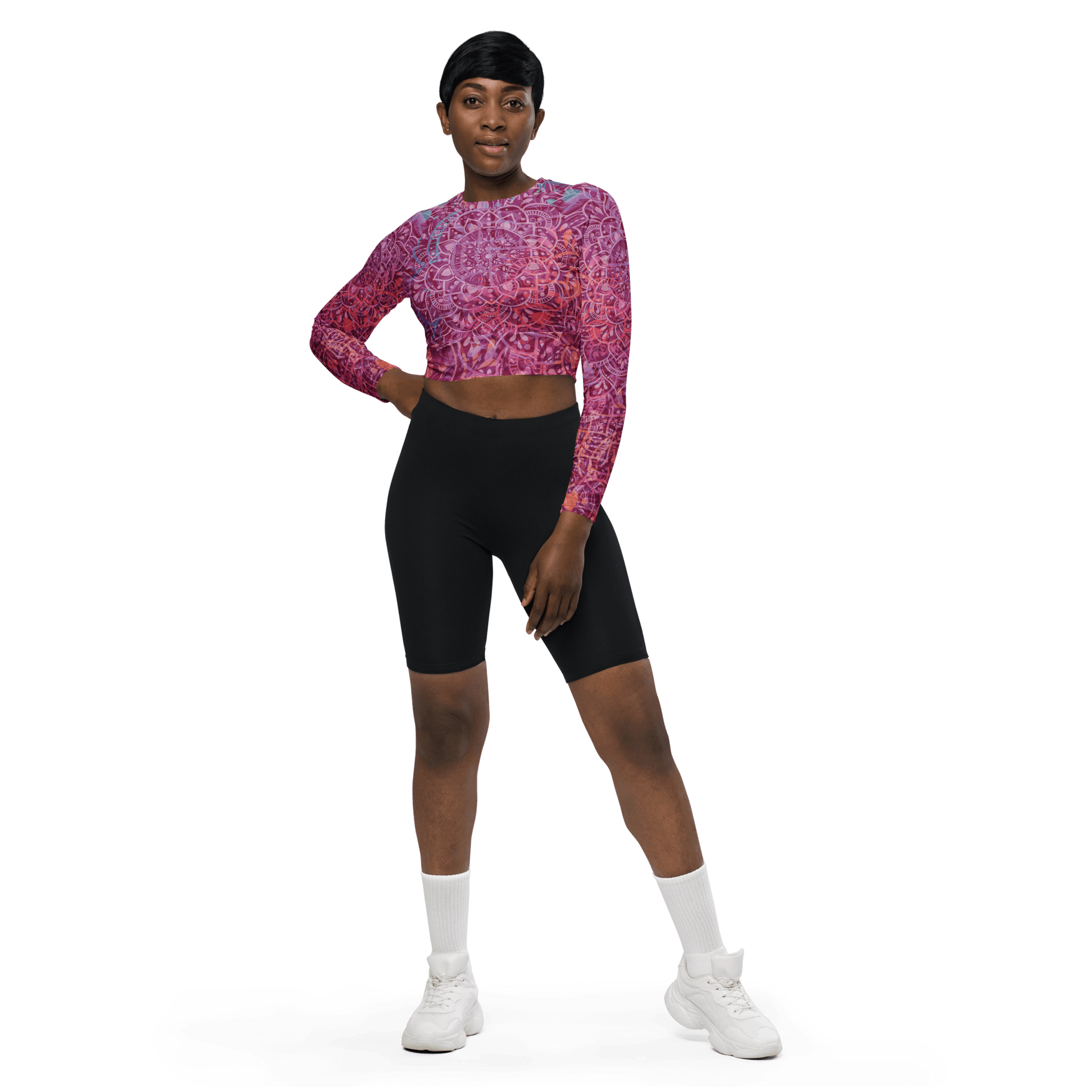 Mandala Glow Long-Sleeve Crop Top with wide waistline band and raglan sleeves.
