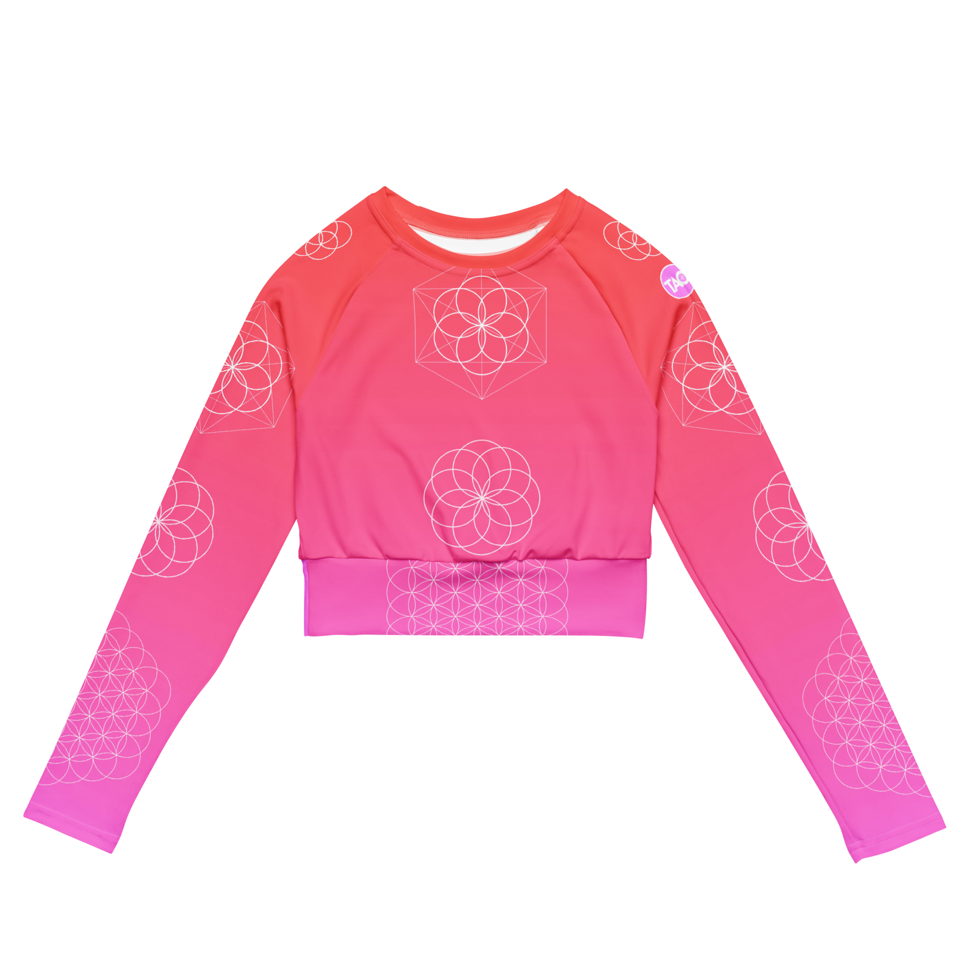 Blush Flower of Life long-sleeve crop top with sacred geometry design and pink gradient – TAO Infinity