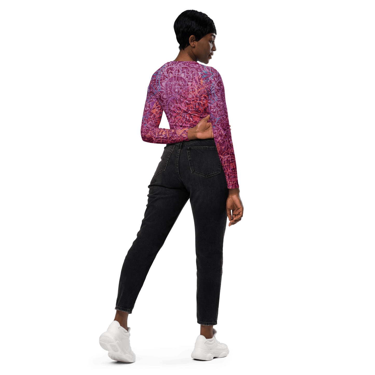 Mandala Glow Sleeve Crop Top (Schwarze Details)