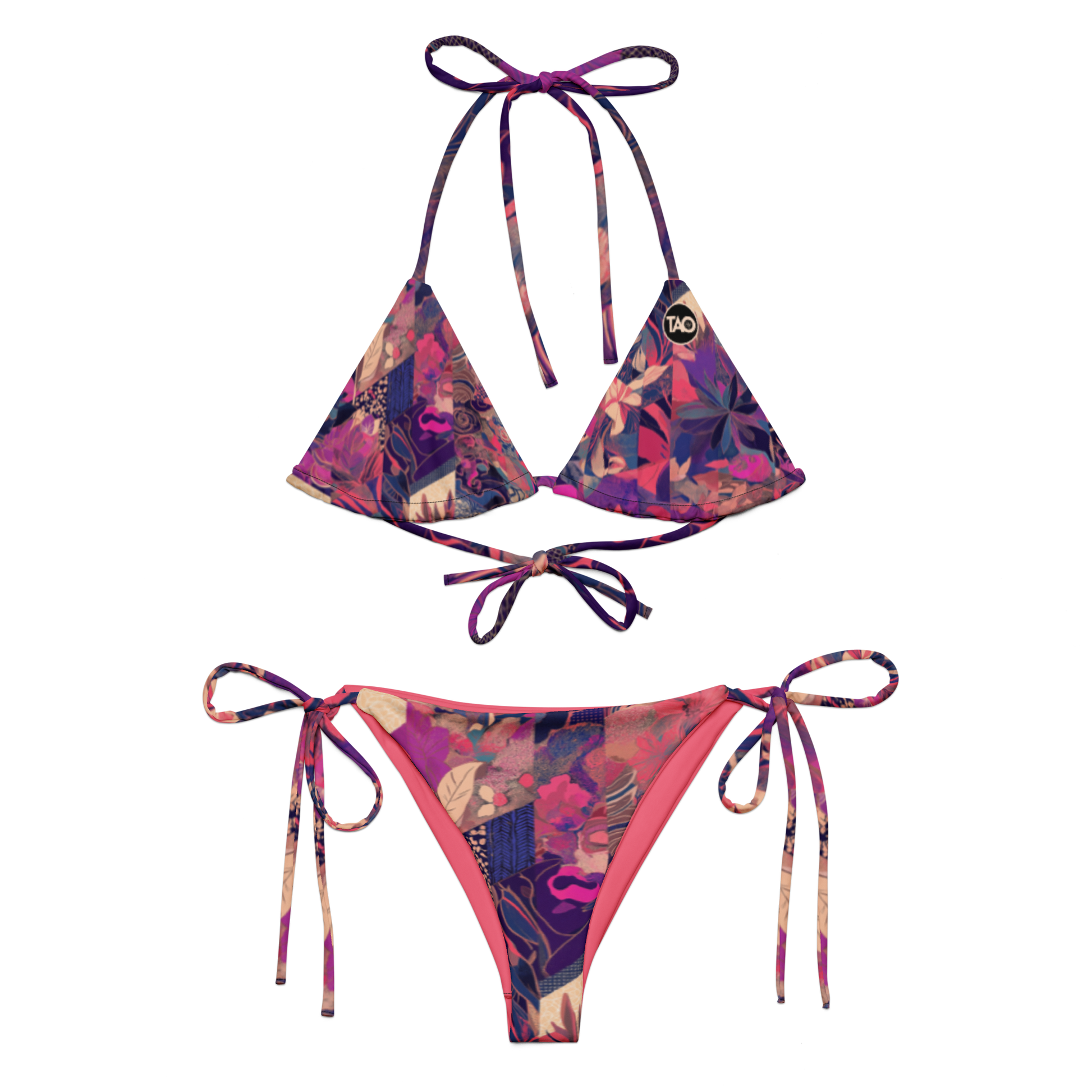 pastel-toned mosaic fairy-inspired string bikini with adjustable straps and removable padding, made from soft recycled fabric with UPF 50+ — a whimsical, sustainable swimwear look.