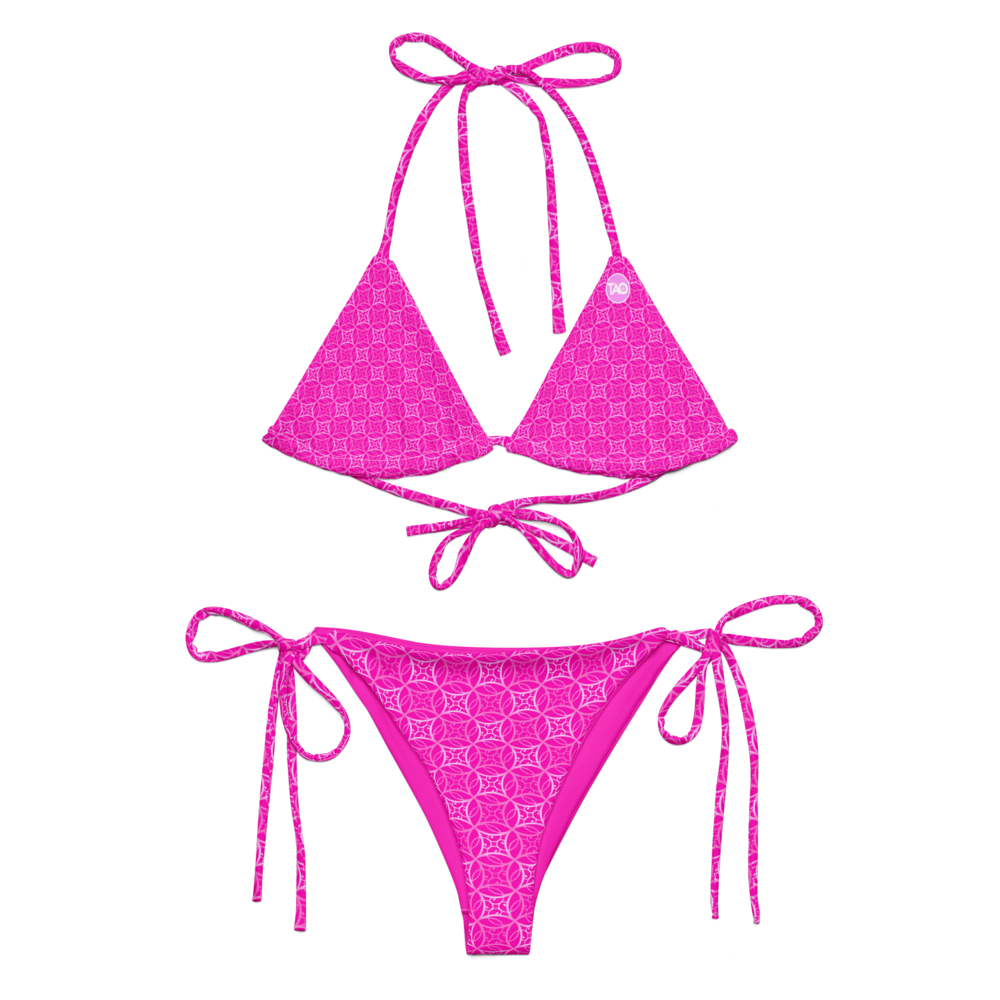 a pink string bikini with sacred Fibonacci-inspired all-over print, featuring adjustable straps, removable padding, and recycled fabric with UPF 50+ protection — a bold, sustainable, and symbolic swimwear look.