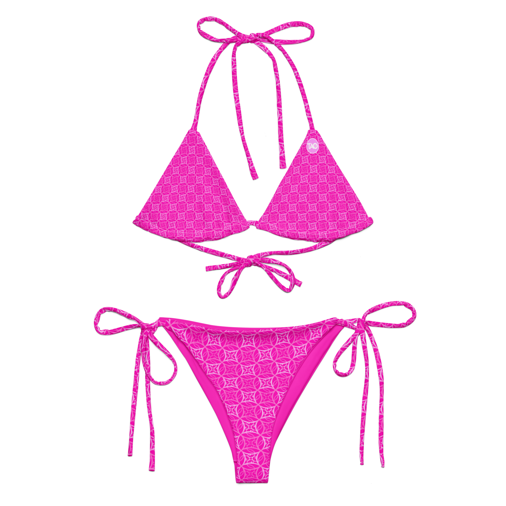 a pink string bikini with sacred Fibonacci-inspired all-over print, featuring adjustable straps, removable padding, and recycled fabric with UPF 50+ protection — a bold, sustainable, and symbolic swimwear look.