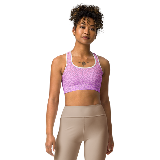 Model wearing Pinky Leopard sports bra with racerback and pink animal print – TAO Infinity