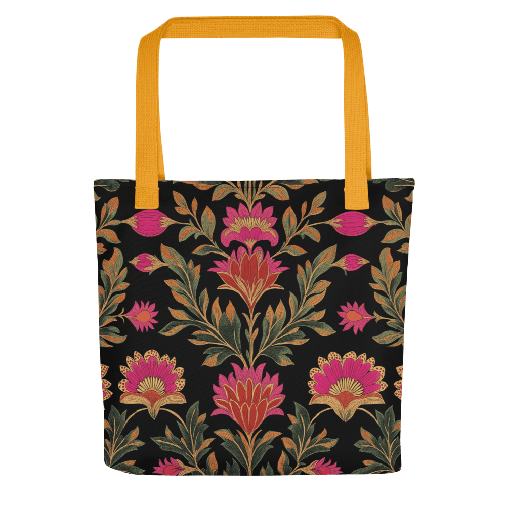 Tote bag featuring a bold black and magenta Indian-inspired floral print, with durable polyester fabric and cotton handles — stylish, spacious, and made for everyday adventures with a conscious twist.