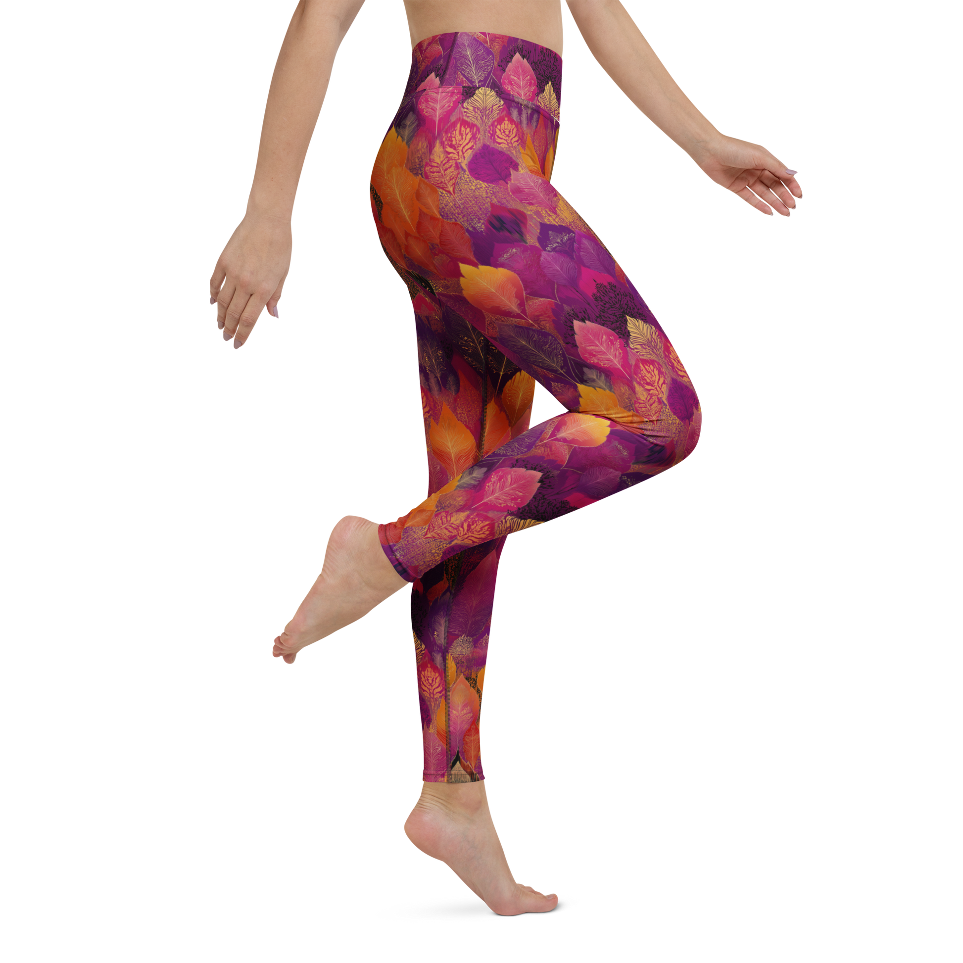 Woman wearing high-waisted yoga leggings in a bold, spice-toned Southeast Asian-inspired print, made from soft microfiber fabric with four-way stretch and a body-hugging fit.