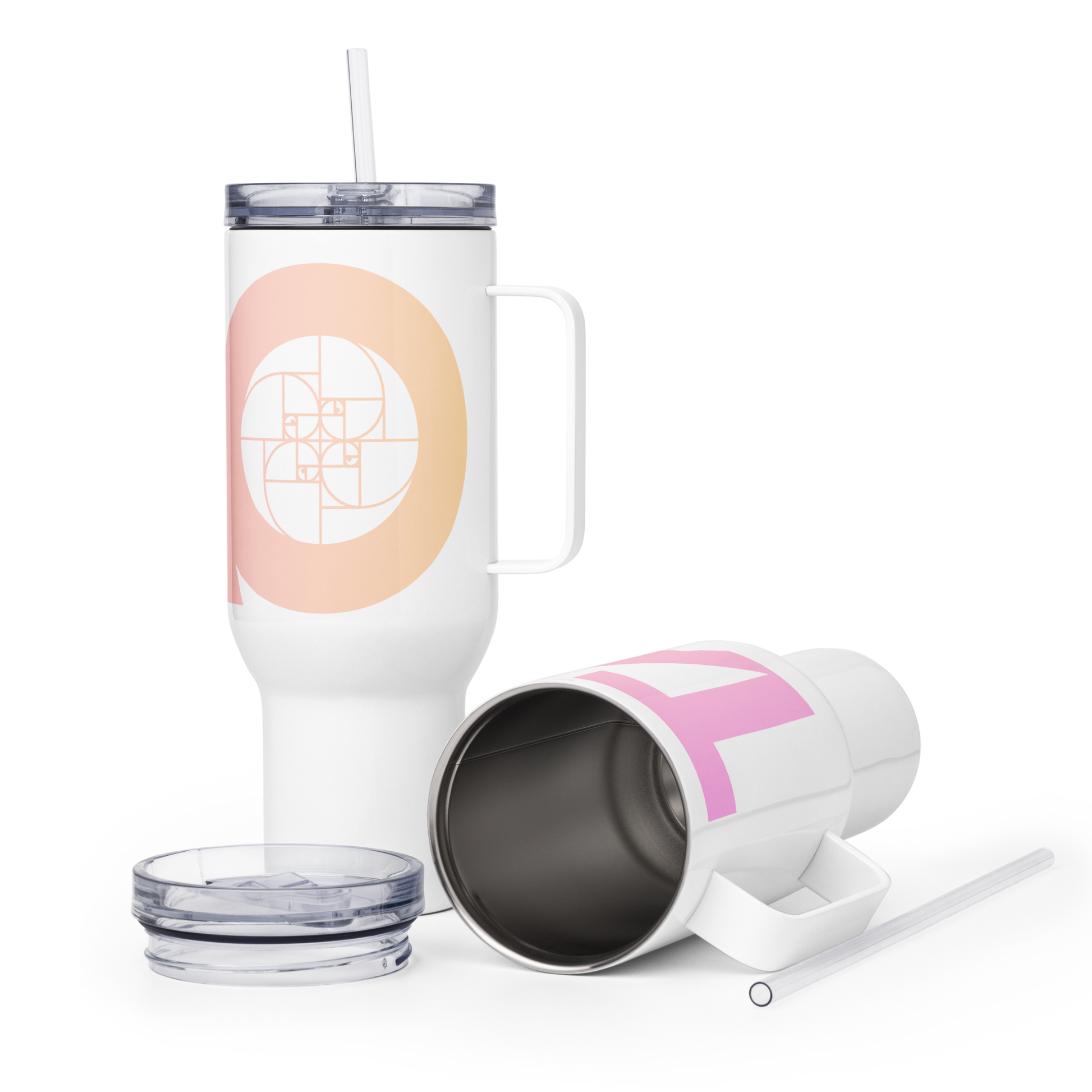 Stainless steel travel mug with sleek design and spill-proof lid, available in two sizes with either press-in or screw-on top — perfect for sacred sipping on the go, in car cup holders or daily rituals.