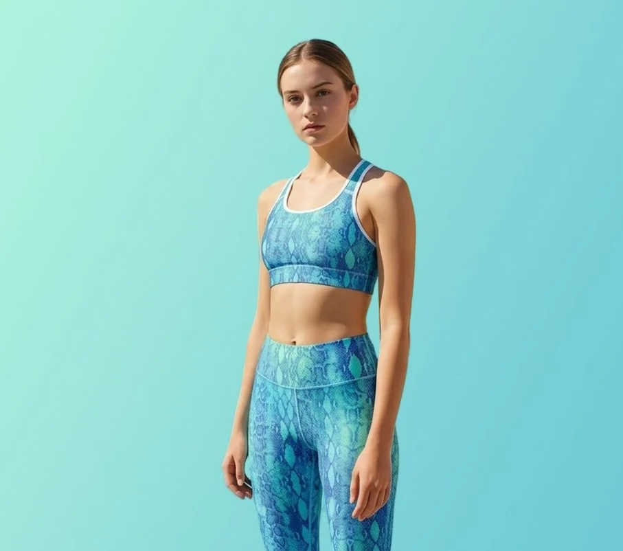 Model in a blue Ocean Snake sports bra and leggings against a turquoise backdrop