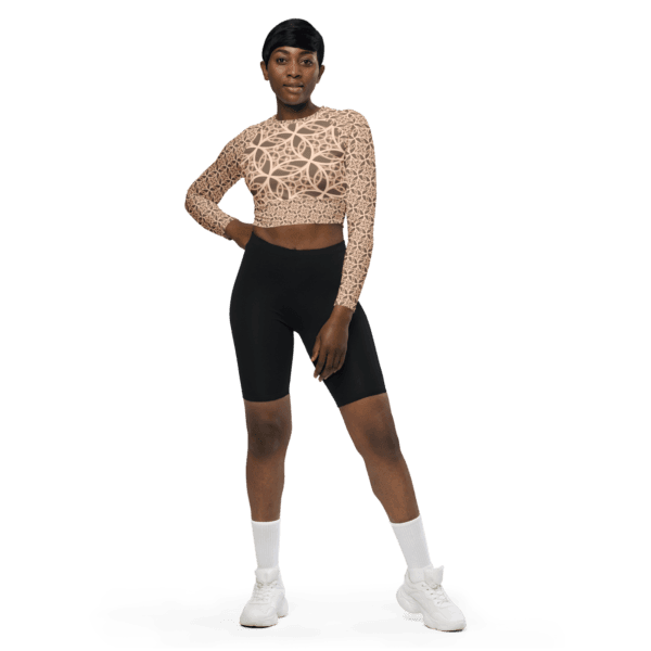 Fibbo Beige Long Sleeve Crop Top with wide waistline band and raglan sleeves